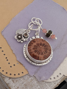Petrified Coral, Smokey Quartz and Tourmaline Charm Sterling Silver Necklace