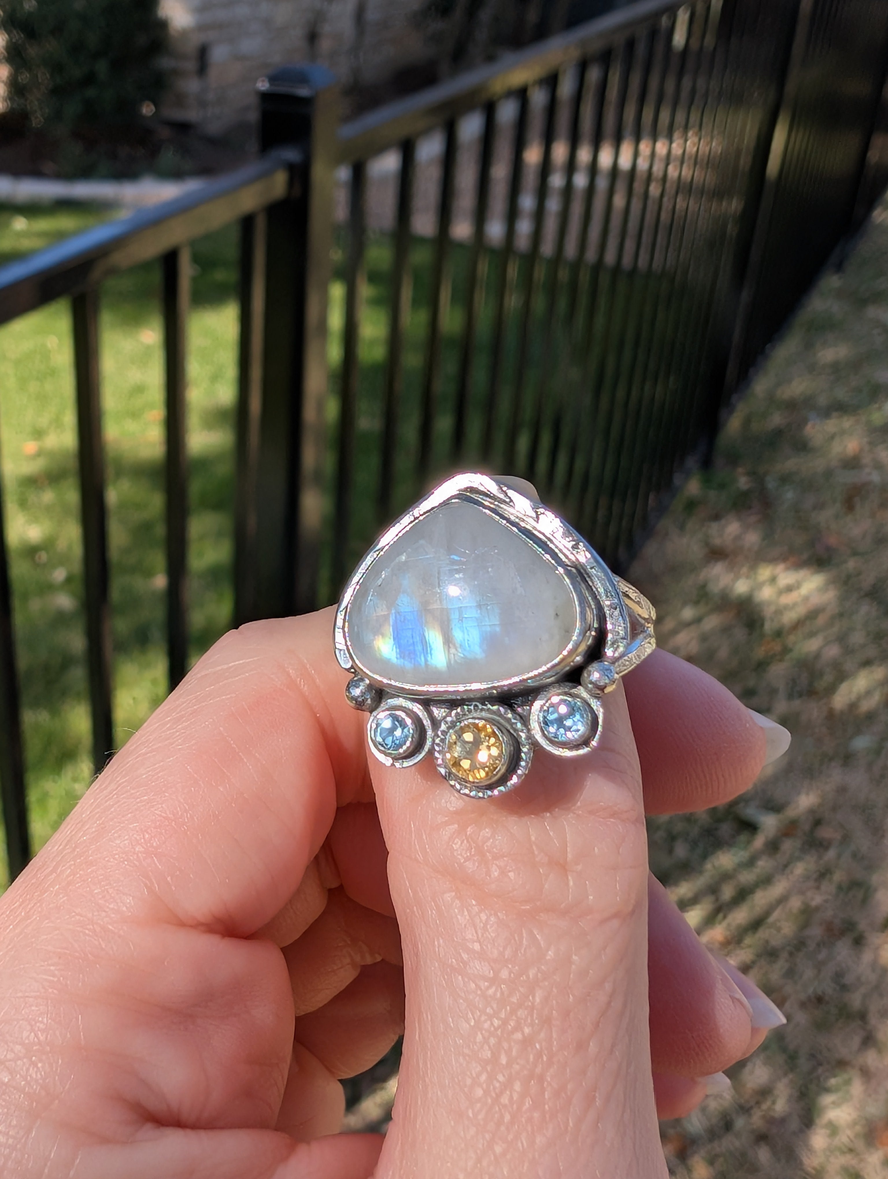 Size 8.5, Moonstone, Blue Topaz and Citrine Sterling Silver Ring