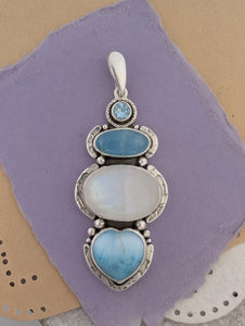 Aquamarine, Moonstone, Larimar and Sky Blue Topaz Sterling Silver Pendant