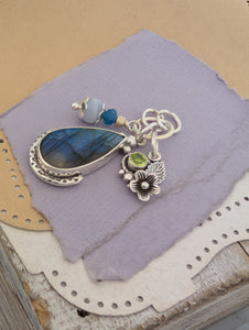 Labradorite, Peridot, Apatite and Lace Agate Charm Sterling Silver Necklace