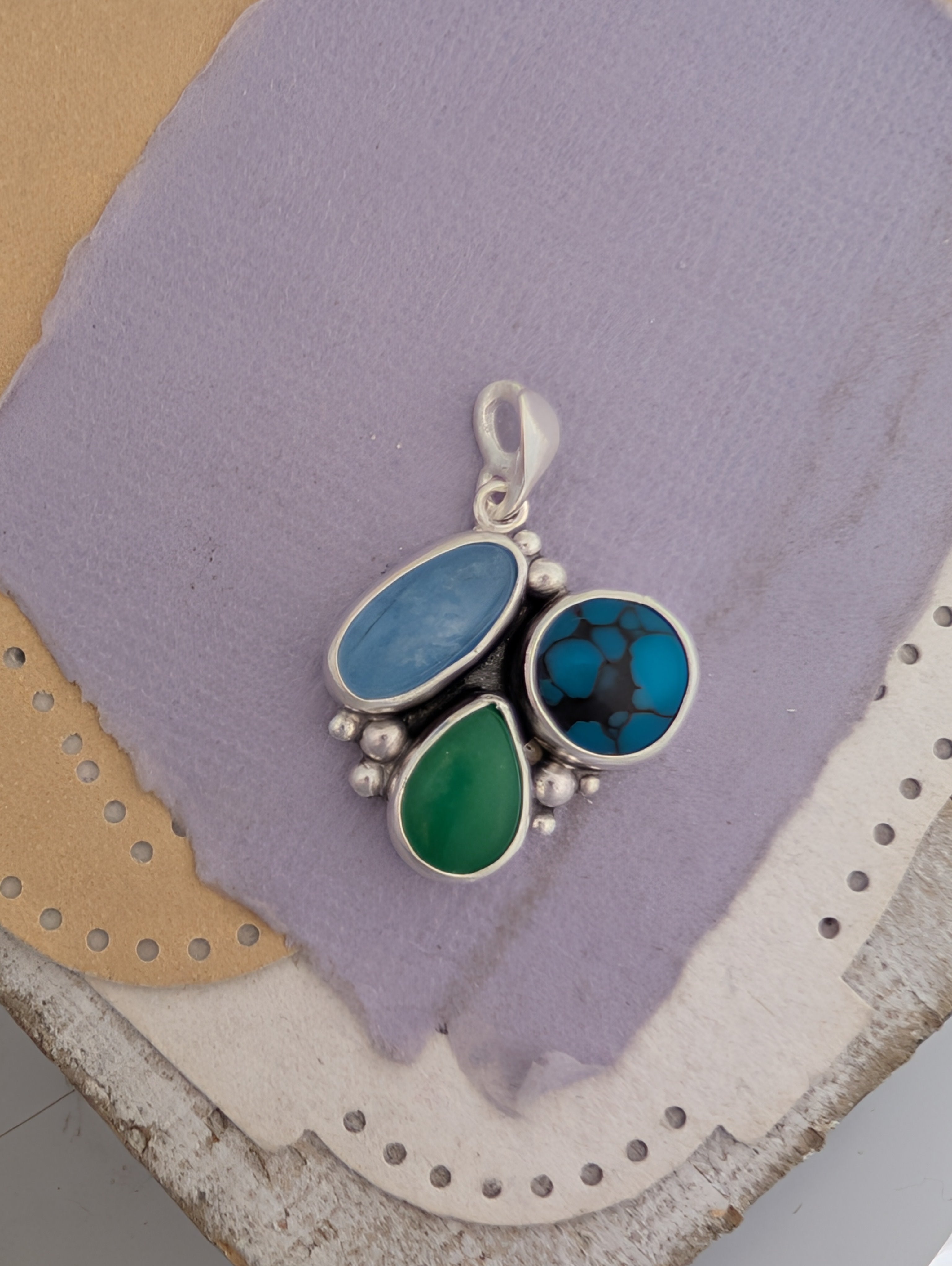 Turquoise, Chrysoprase, and Aquamarine Sterling Silver Pendant
