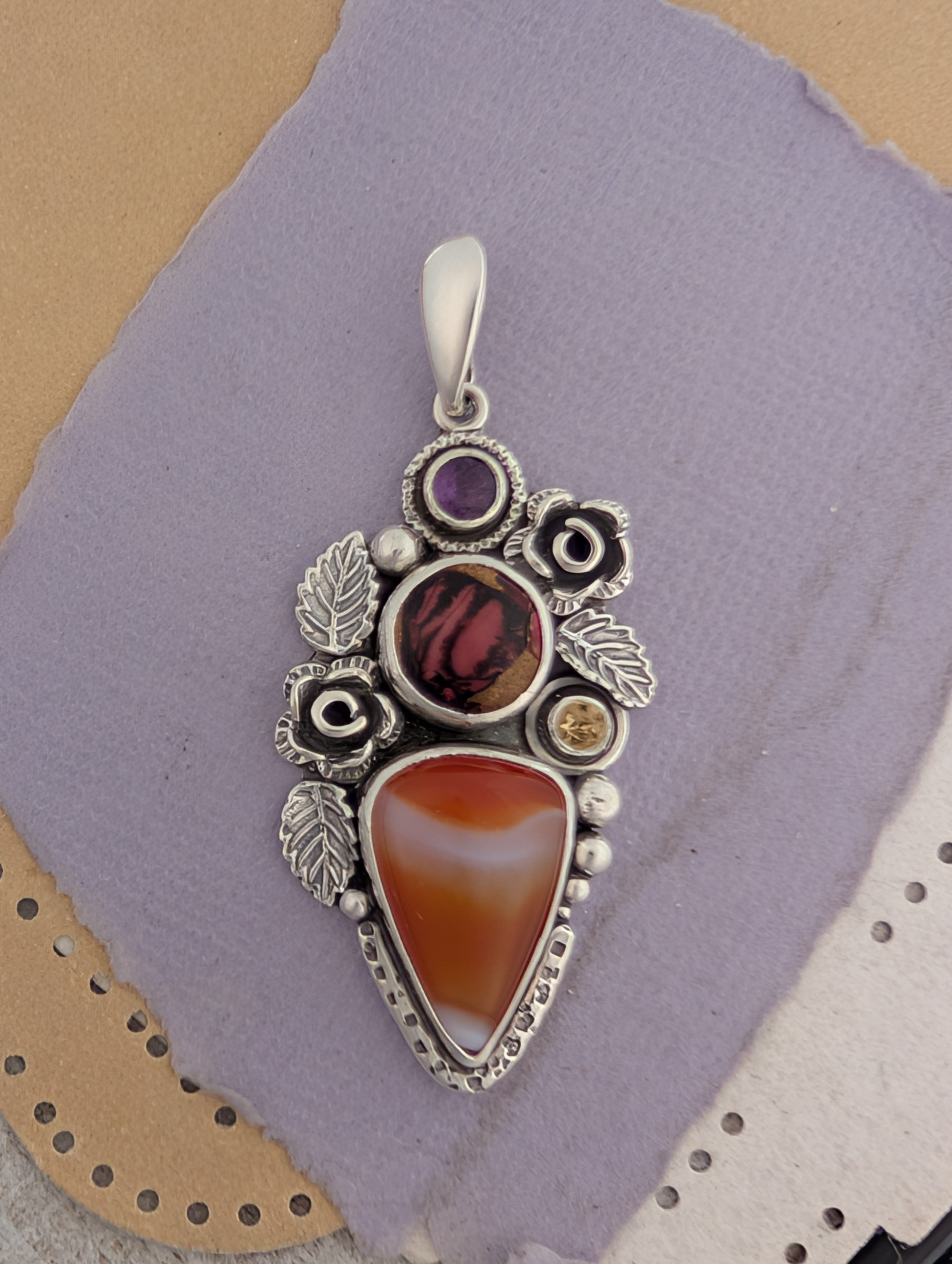 Banded Carnelian, Red Kingman, Citrine and Amethyst Sterling Silver Pendant