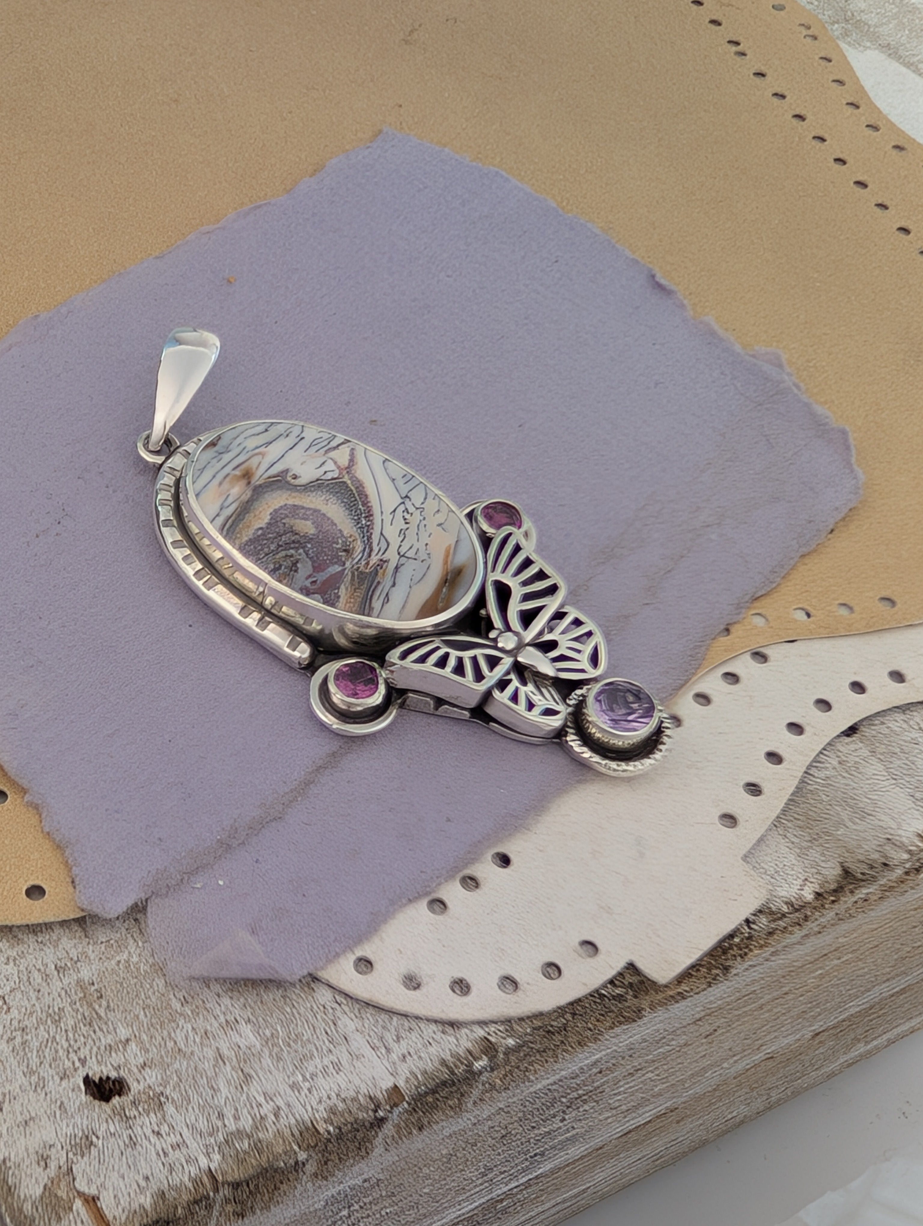 Copper Petrified Wood, Amethyst and Rhodolite Garnet Sterling Silver Pendant
