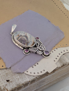 Copper Petrified Wood, Amethyst and Rhodolite Garnet Sterling Silver Pendant