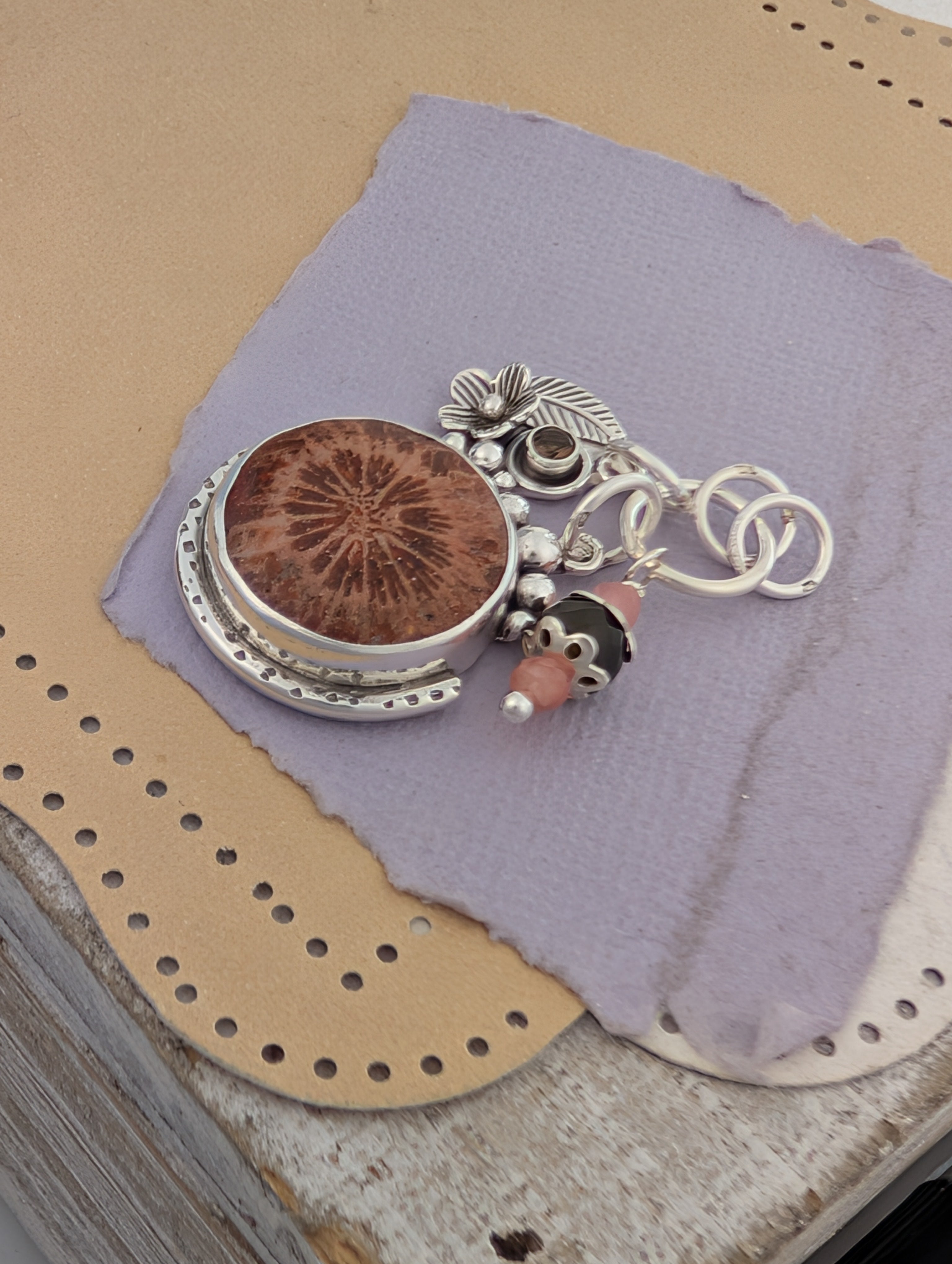 Petrified Coral, Smokey Quartz and Tourmaline Charm Sterling Silver Necklace