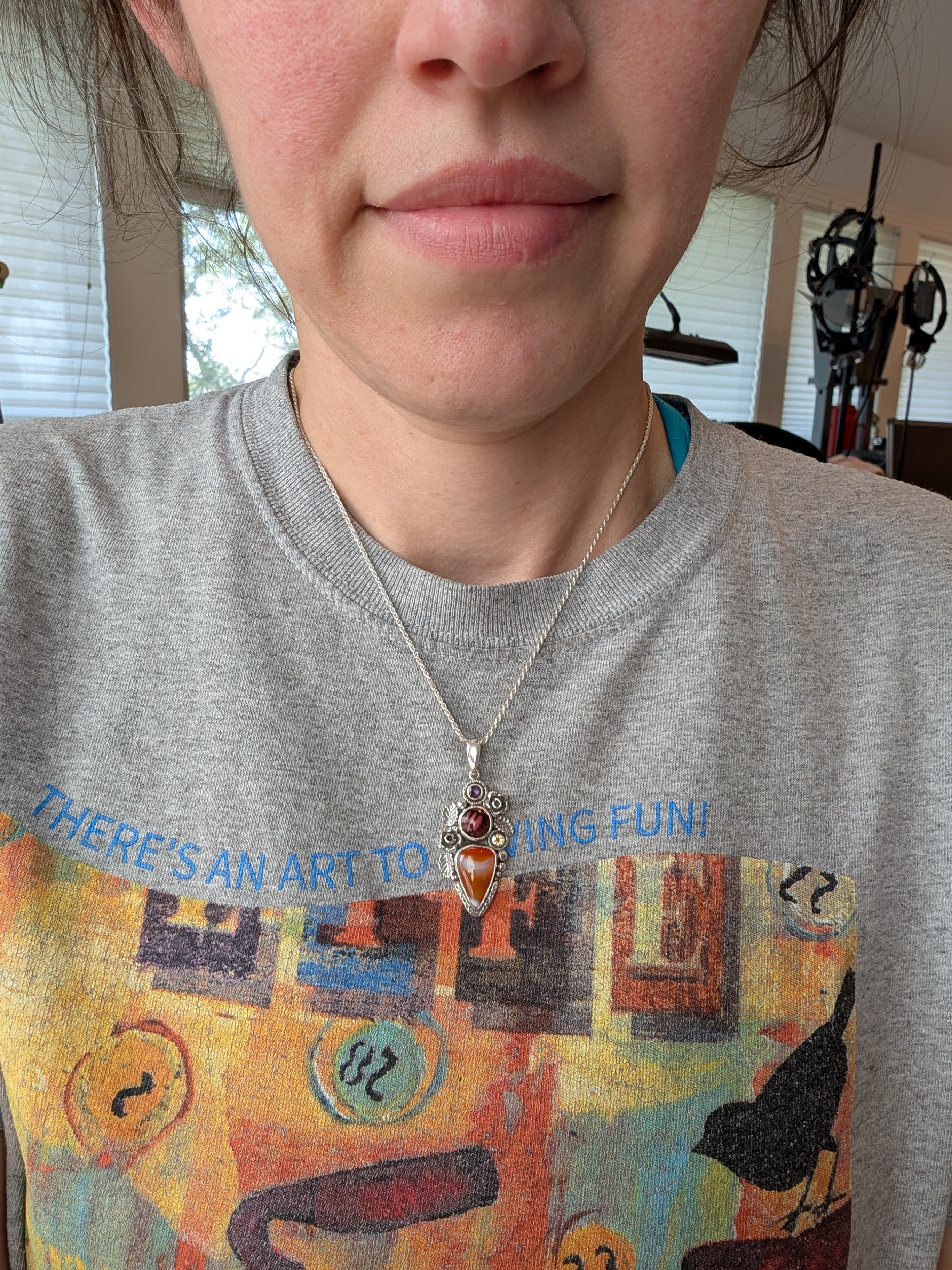 Banded Carnelian, Red Kingman, Citrine and Amethyst Sterling Silver Pendant