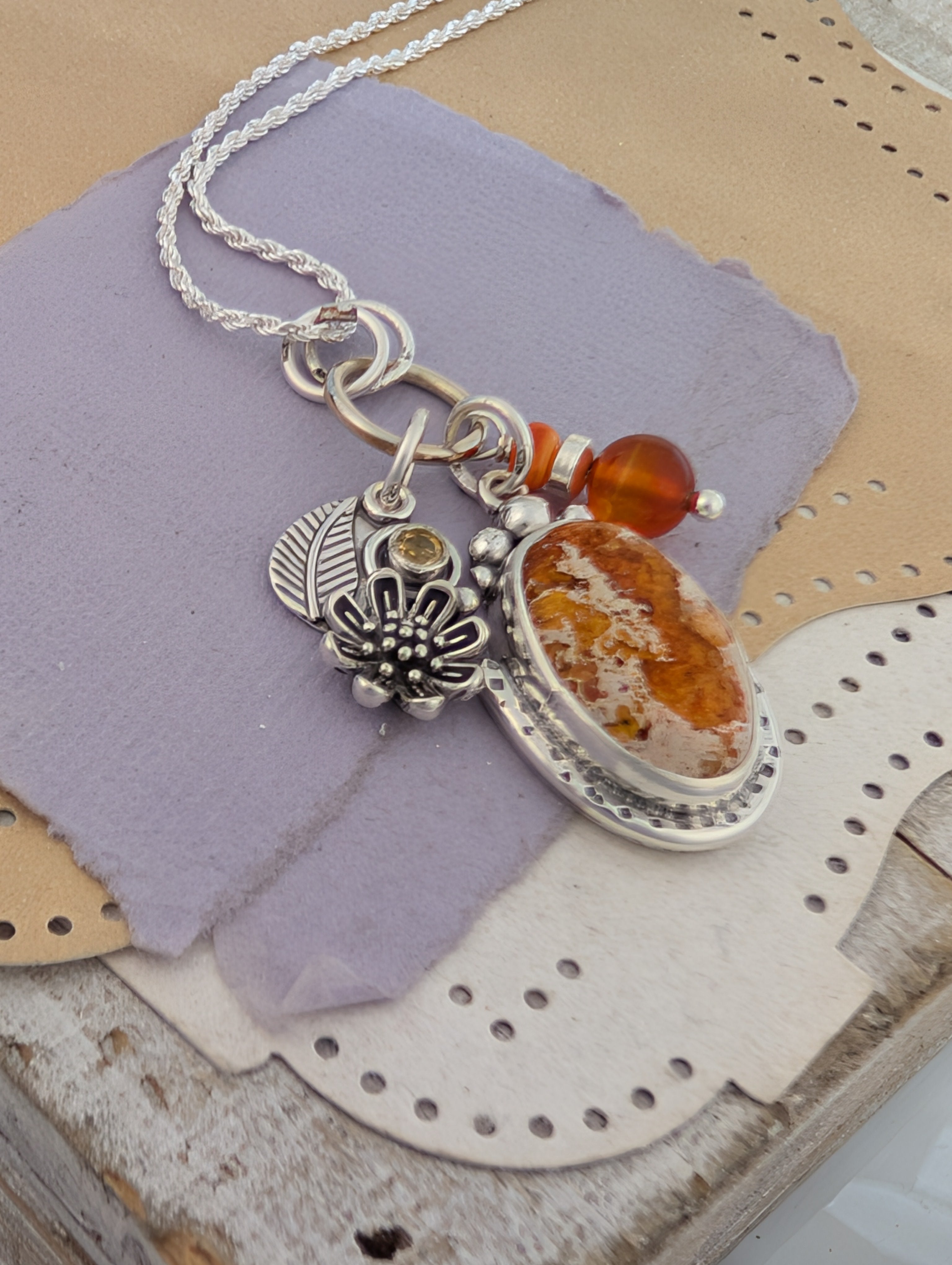 Mexican Jelly Opal, Citrine and Carnelian Charm Sterling Silver Necklace