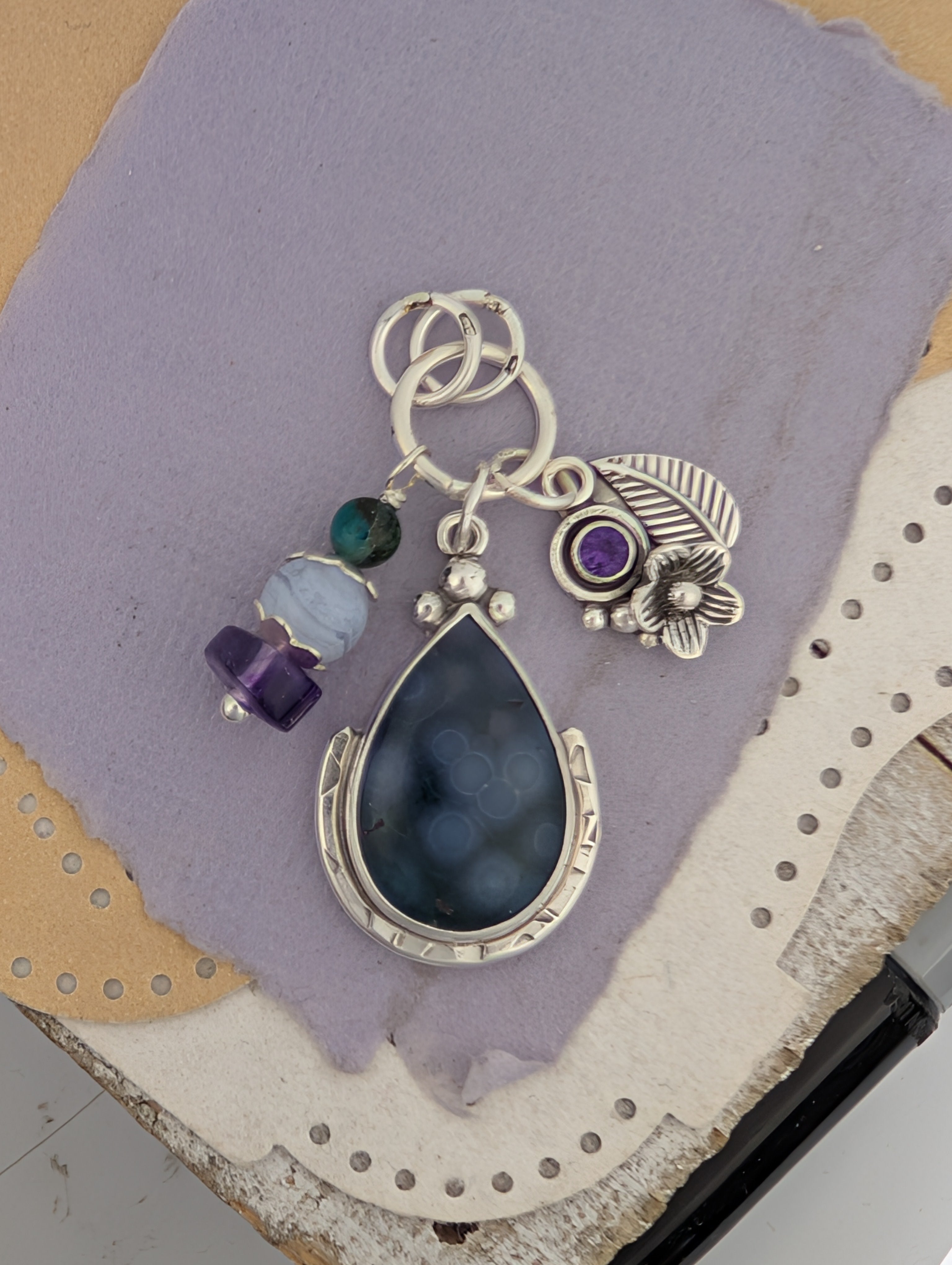 Grape Agate, Amethyst, Chrysocolla and Lace Agate Charm Sterling Silver Necklace