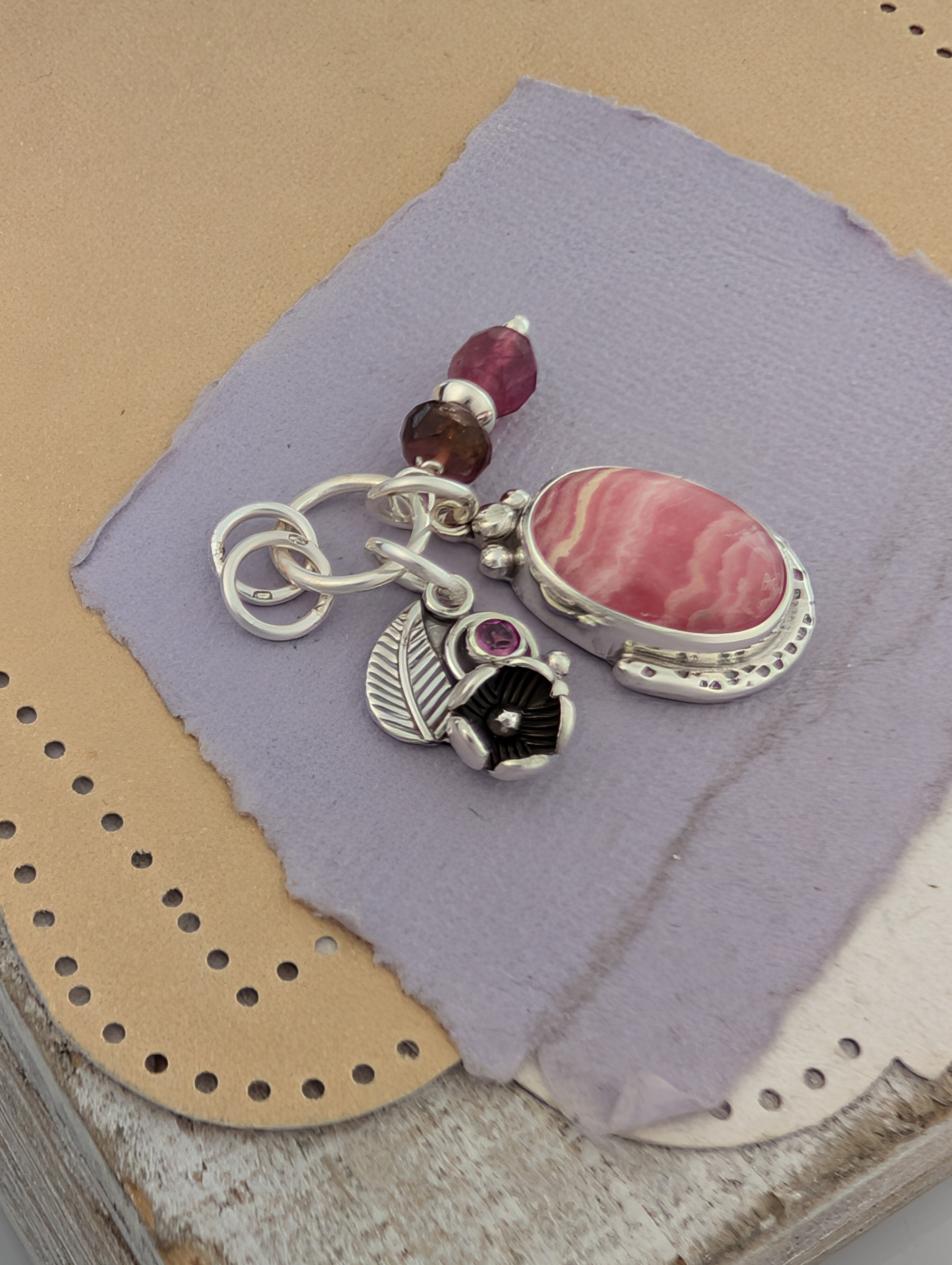 Rhodochrosite, Rhodolite Garnet and Tourmaline Charm Sterling Silver Necklace