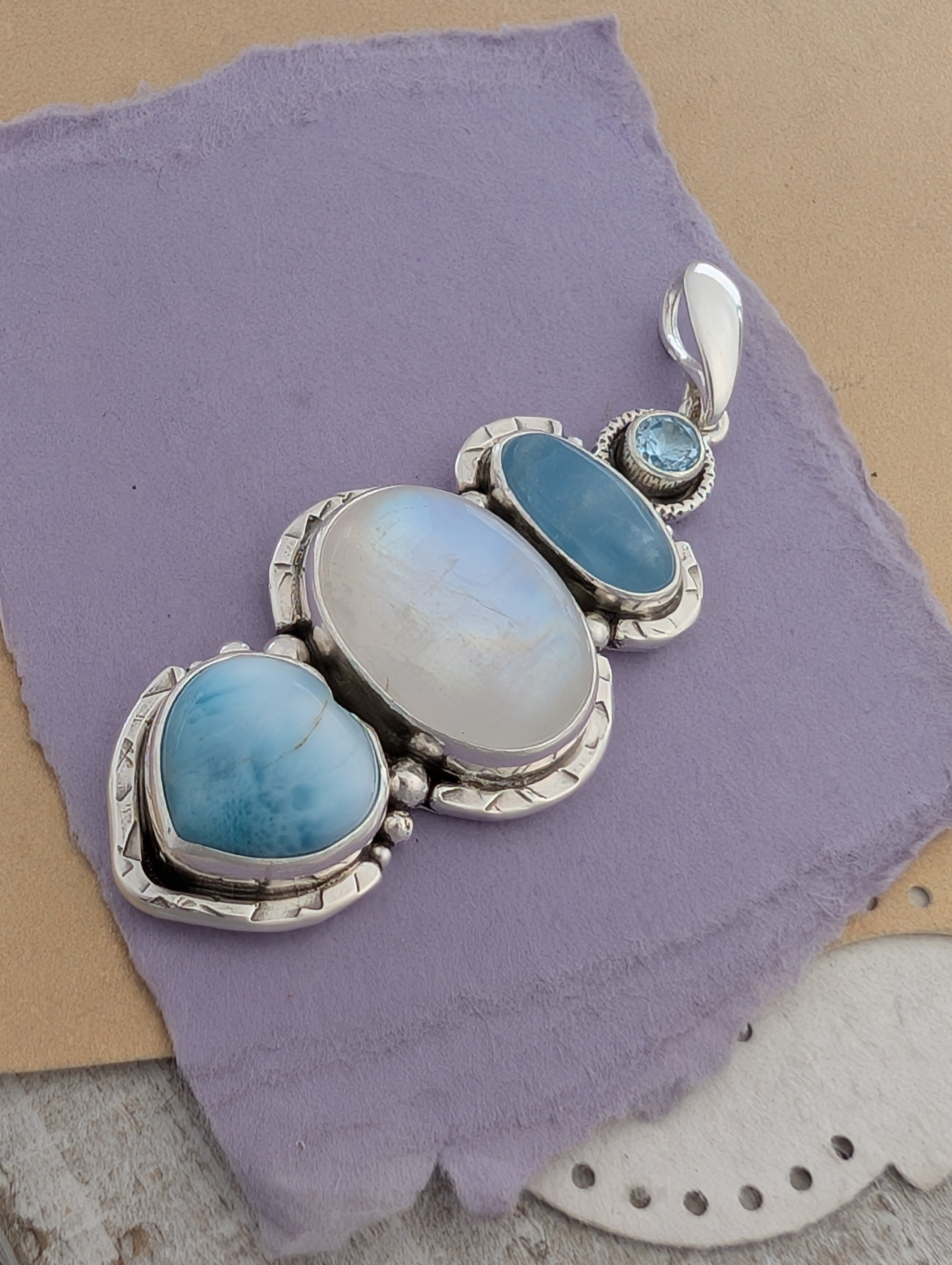 Aquamarine, Moonstone, Larimar and Sky Blue Topaz Sterling Silver Pendant