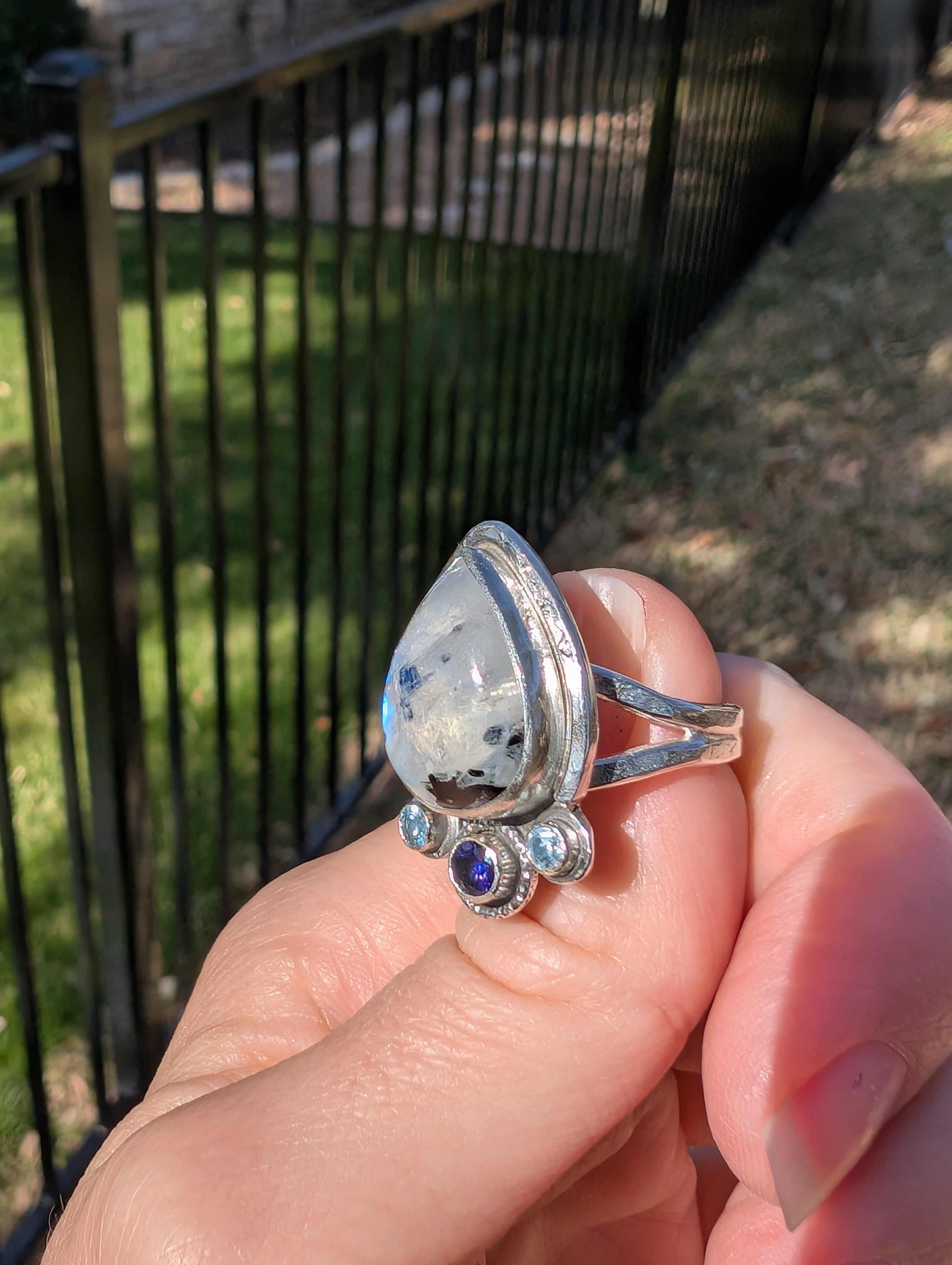 Size 8, Moonstone, Blue Topaz and Iolite Sterling Silver Ring