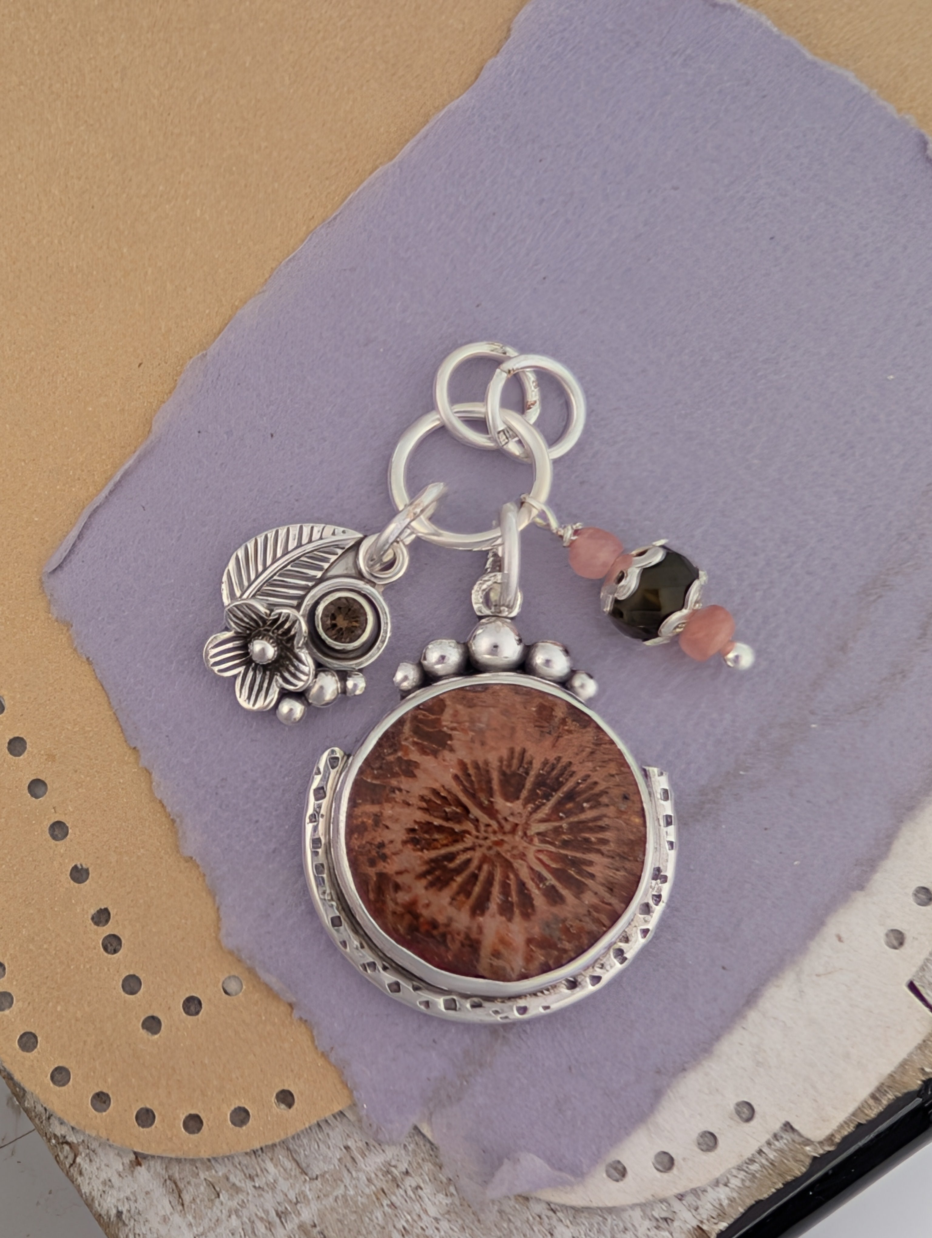 Petrified Coral, Smokey Quartz and Tourmaline Charm Sterling Silver Necklace