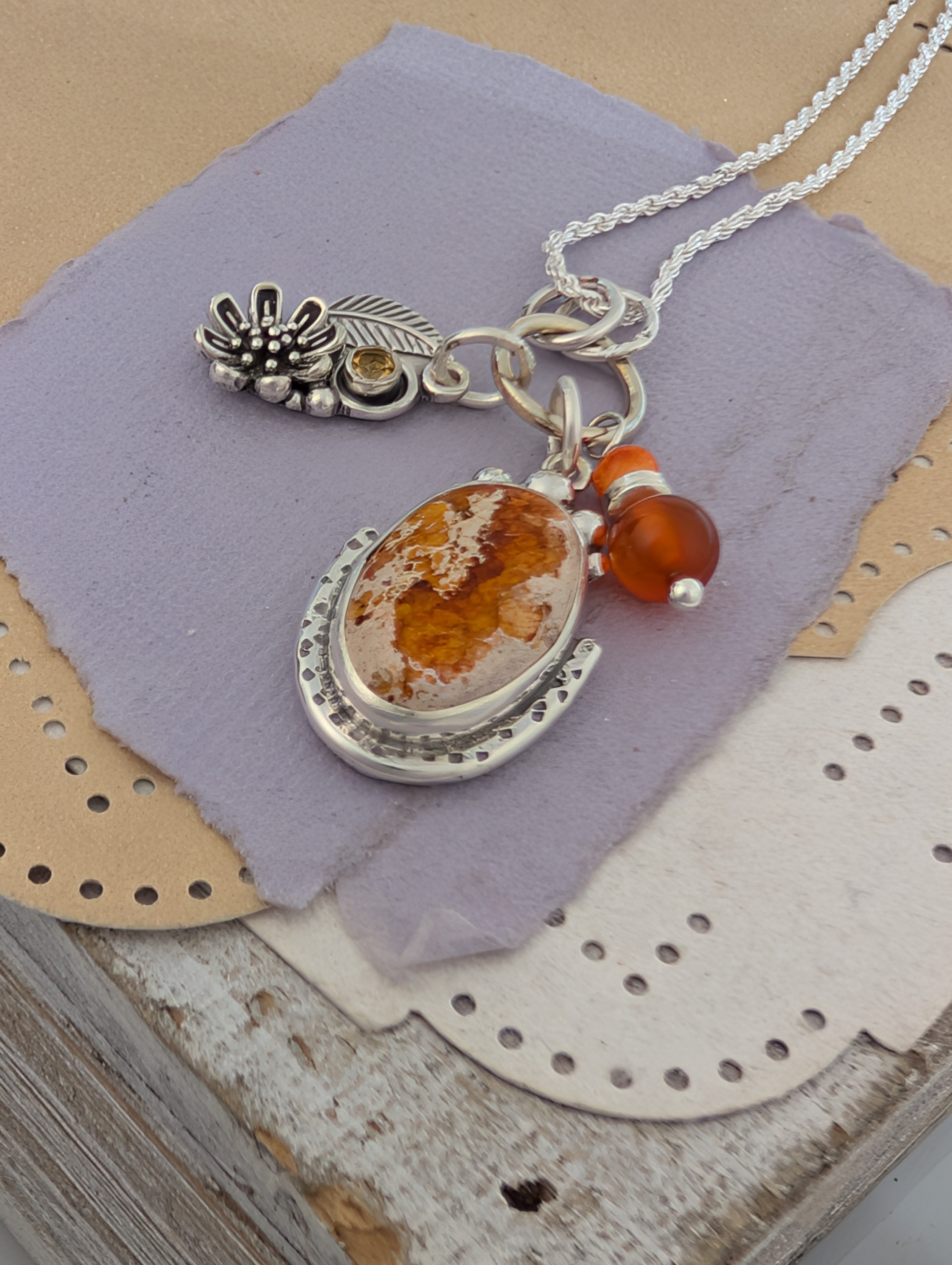 Mexican Jelly Opal, Citrine and Carnelian Charm Sterling Silver Necklace