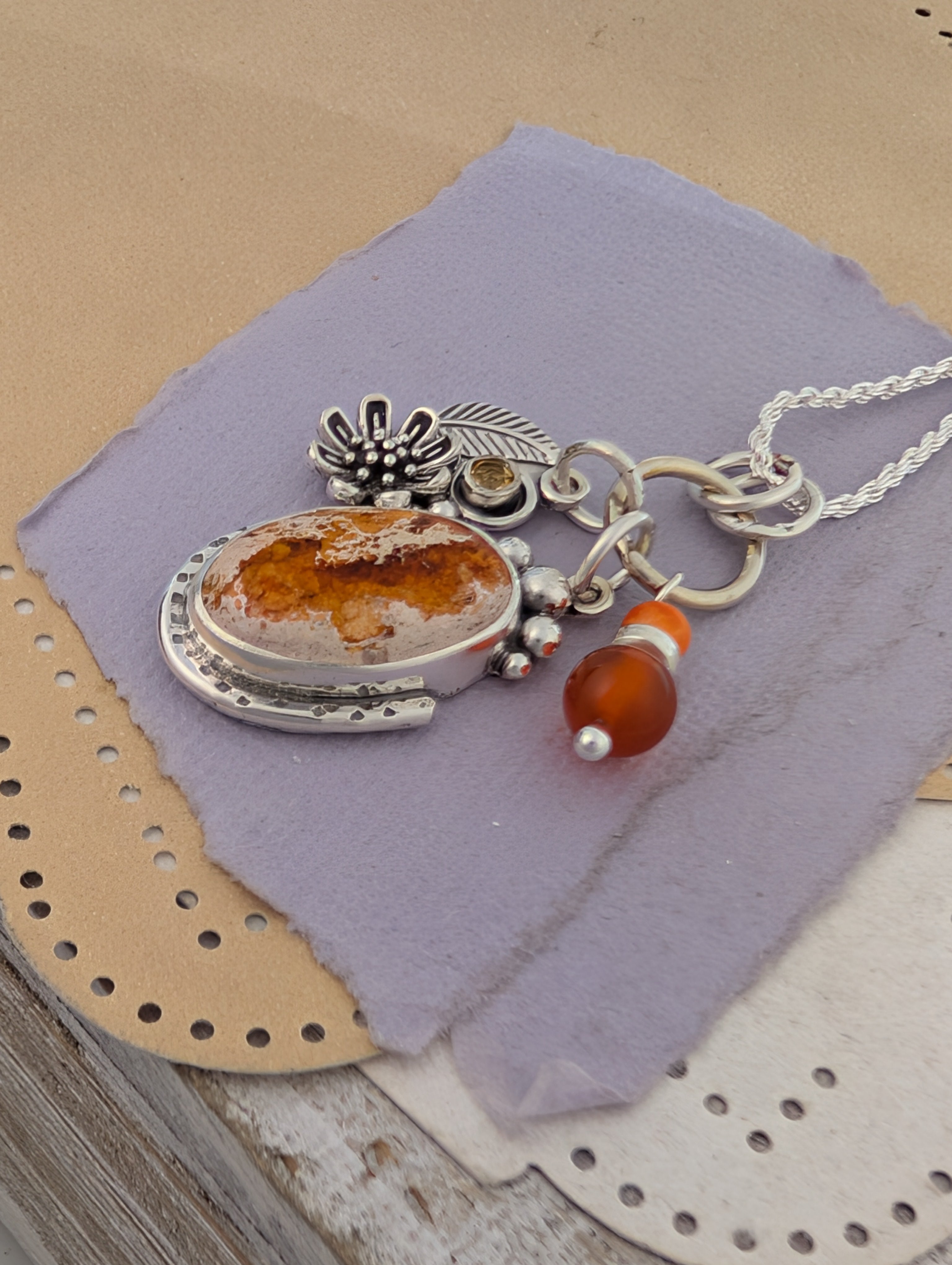 Mexican Jelly Opal, Citrine and Carnelian Charm Sterling Silver Necklace