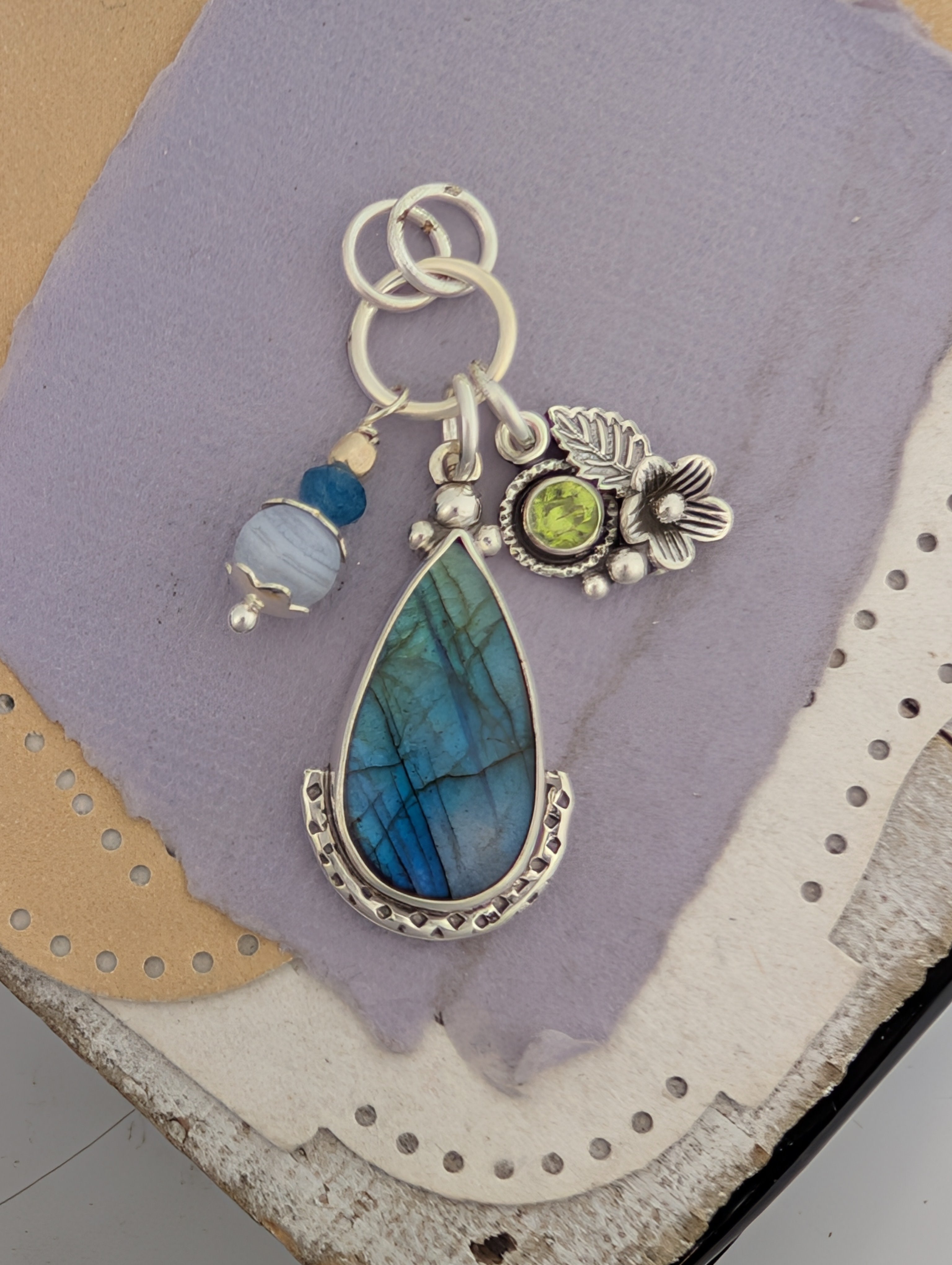 Labradorite, Peridot, Apatite and Lace Agate Charm Sterling Silver Necklace