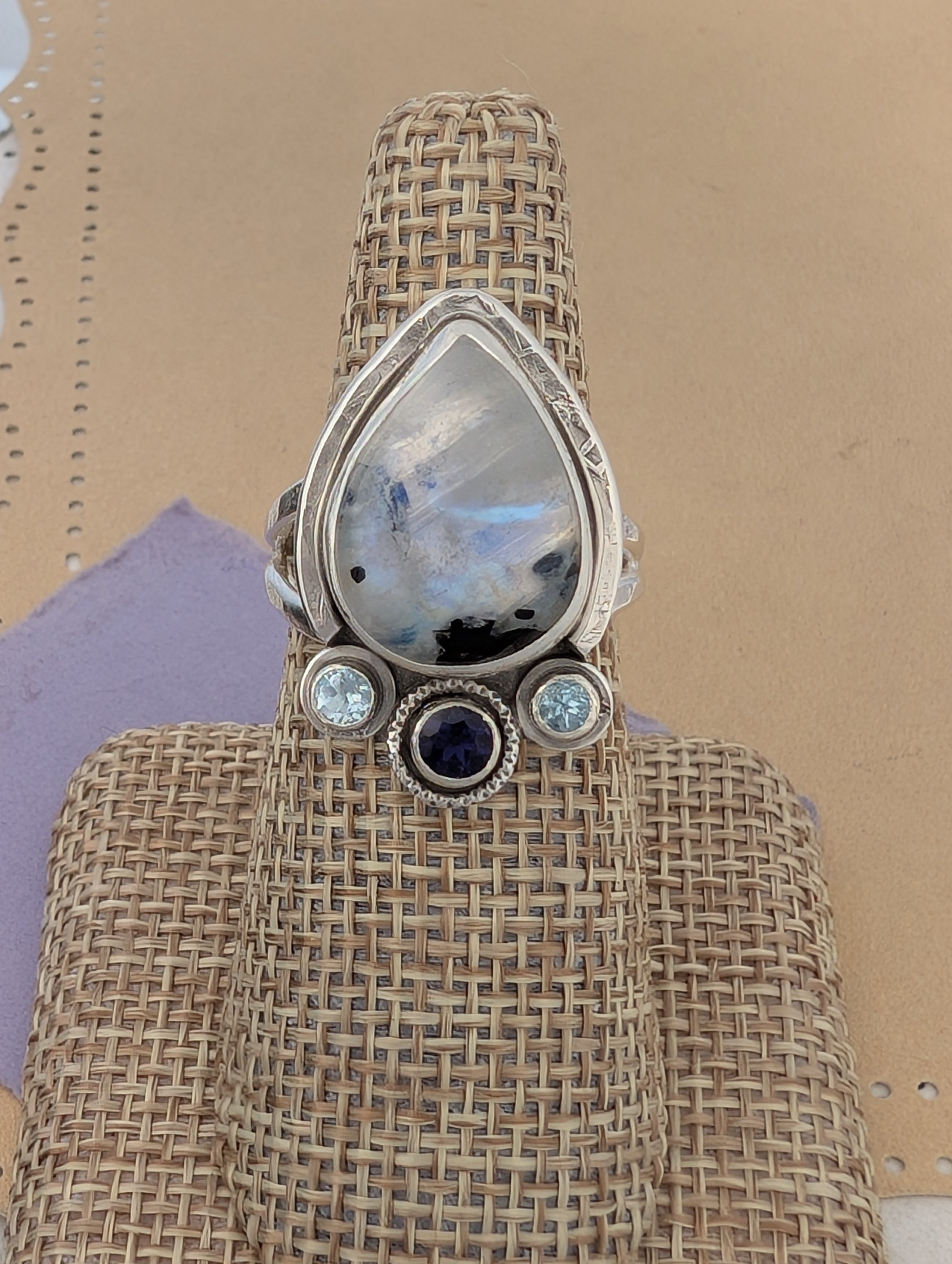 Size 8, Moonstone, Blue Topaz and Iolite Sterling Silver Ring