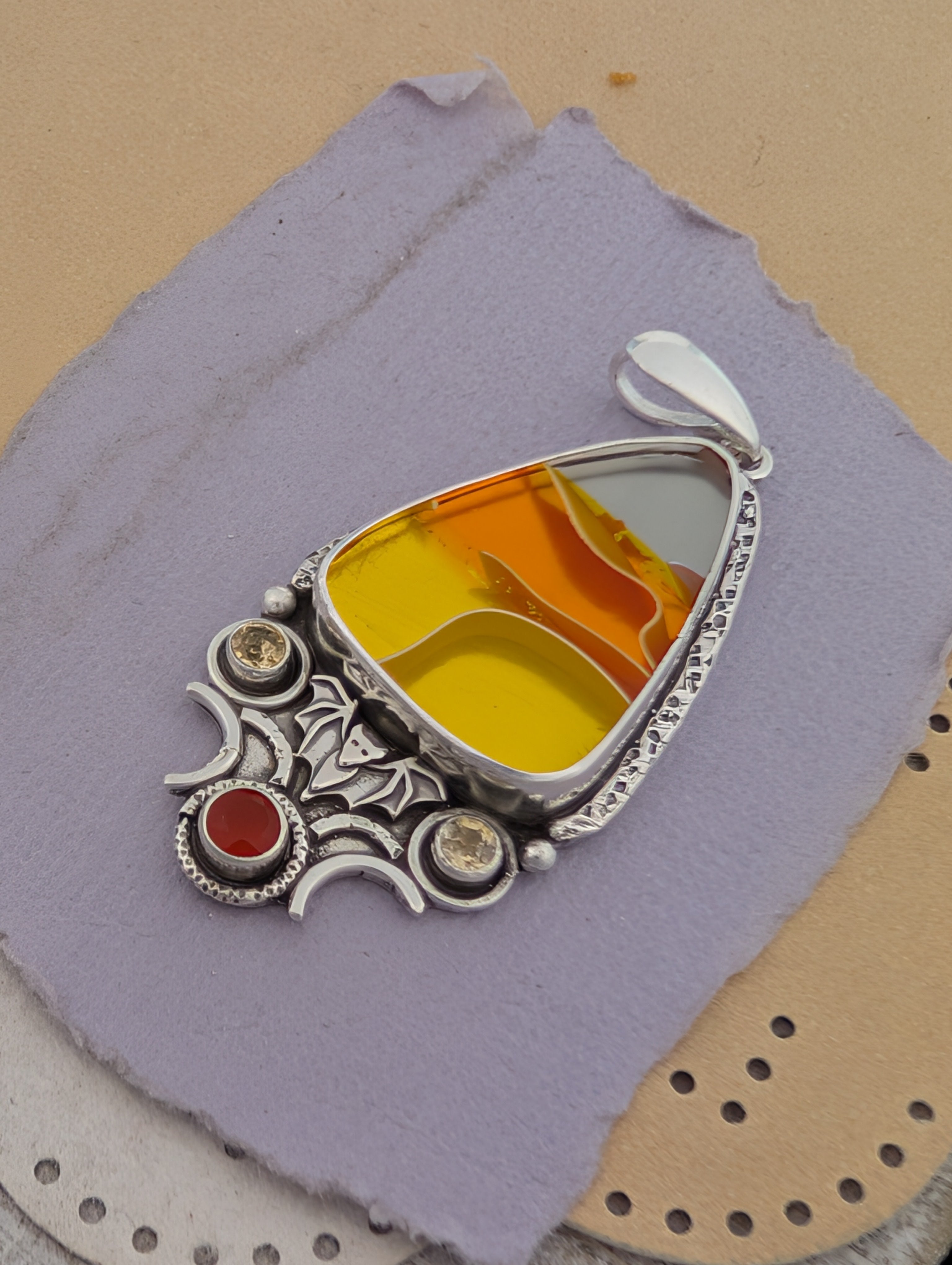 Acrylic Candy Corn, Carnelian and Citrine Sterling Silver Pendant
