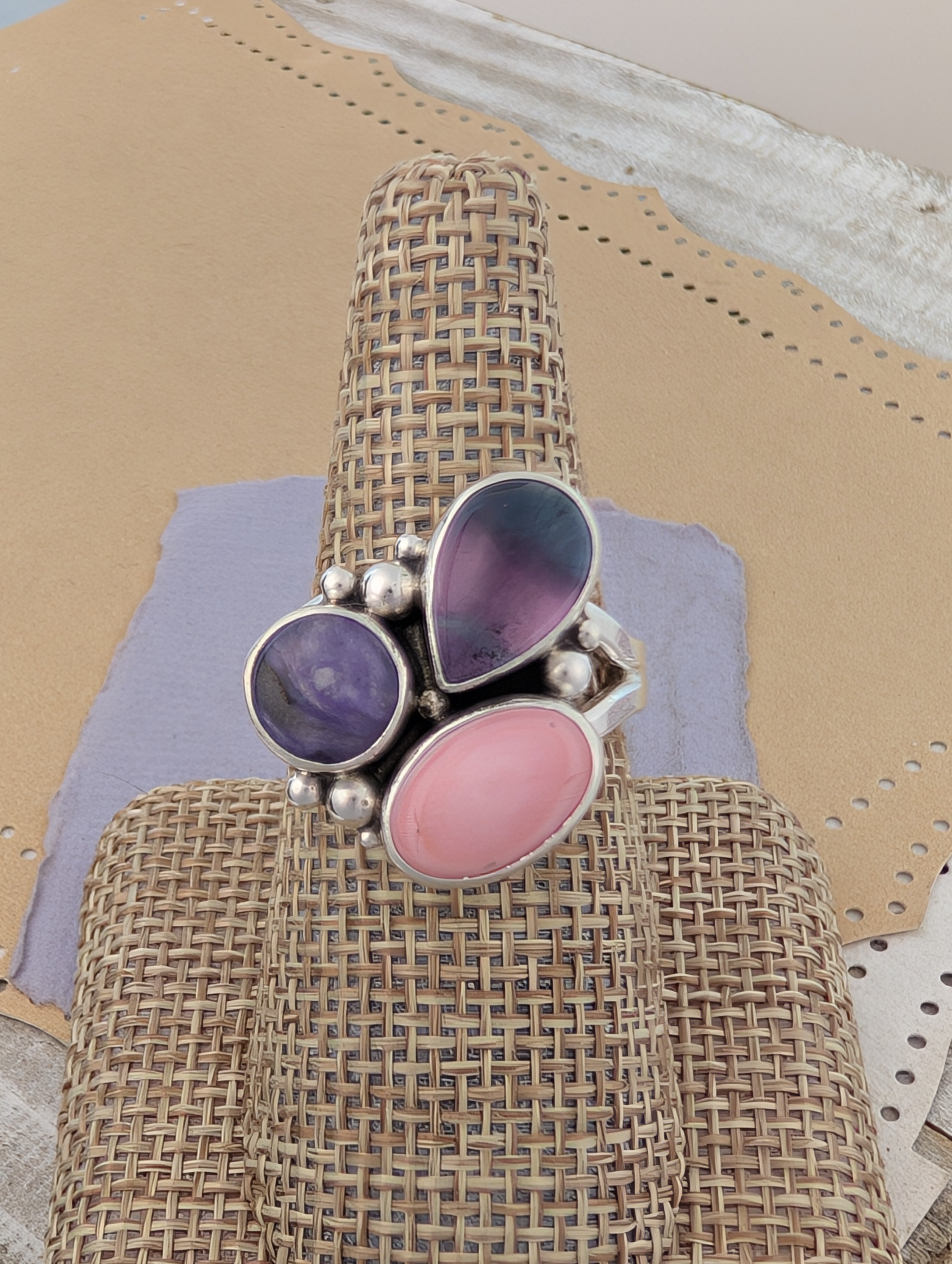 Size 9.5, Charoite, Conch Shell and Fluorite Sterling Silver Ring
