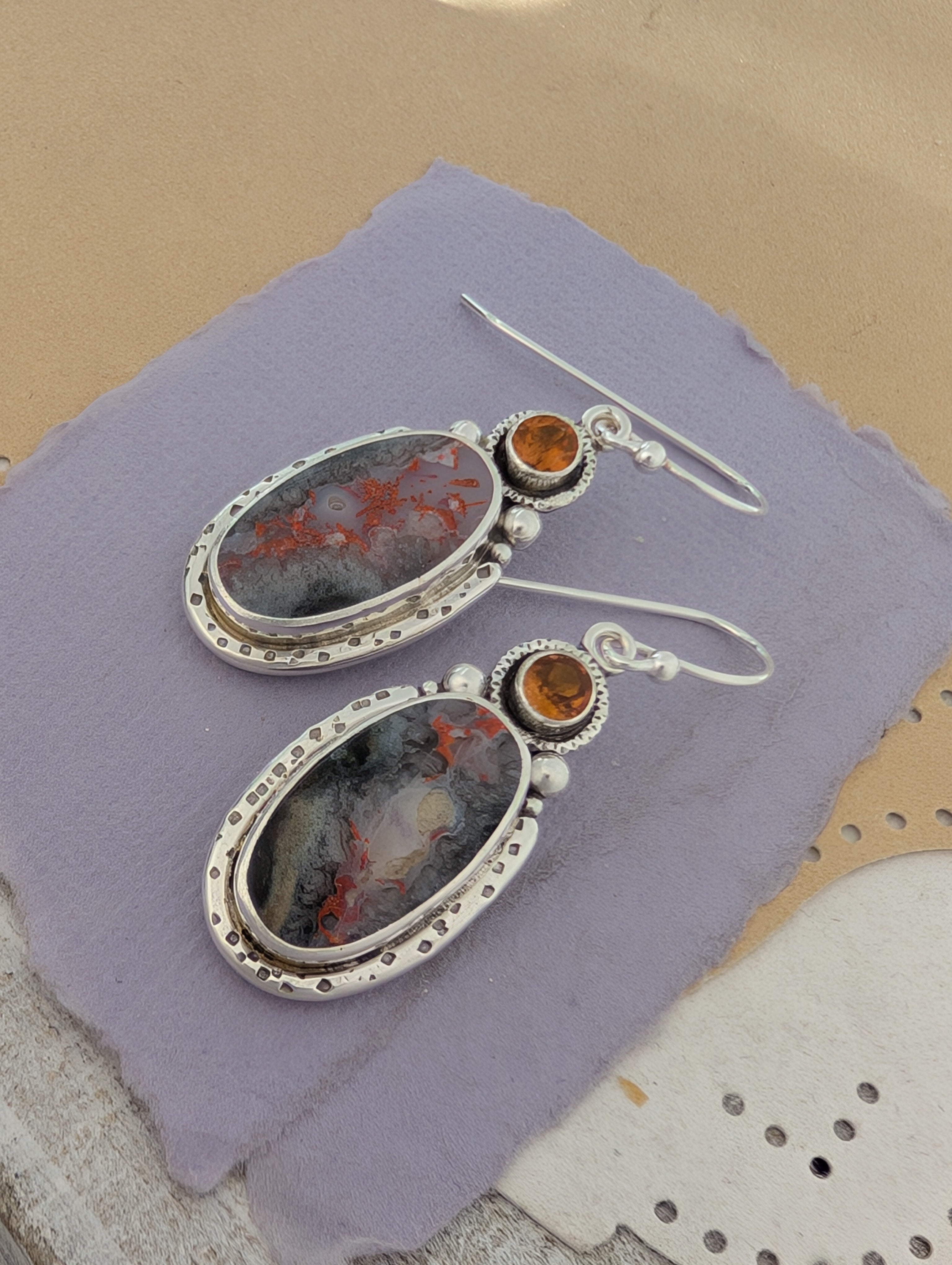 Lava Flow Jasper and Hessonite Garnet Sterling Silver Earrings, #2