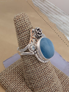 Size 7.5, Aquamarine, Sky Blue Topaz and Bronze Dragonfly Sterling Silver Ring