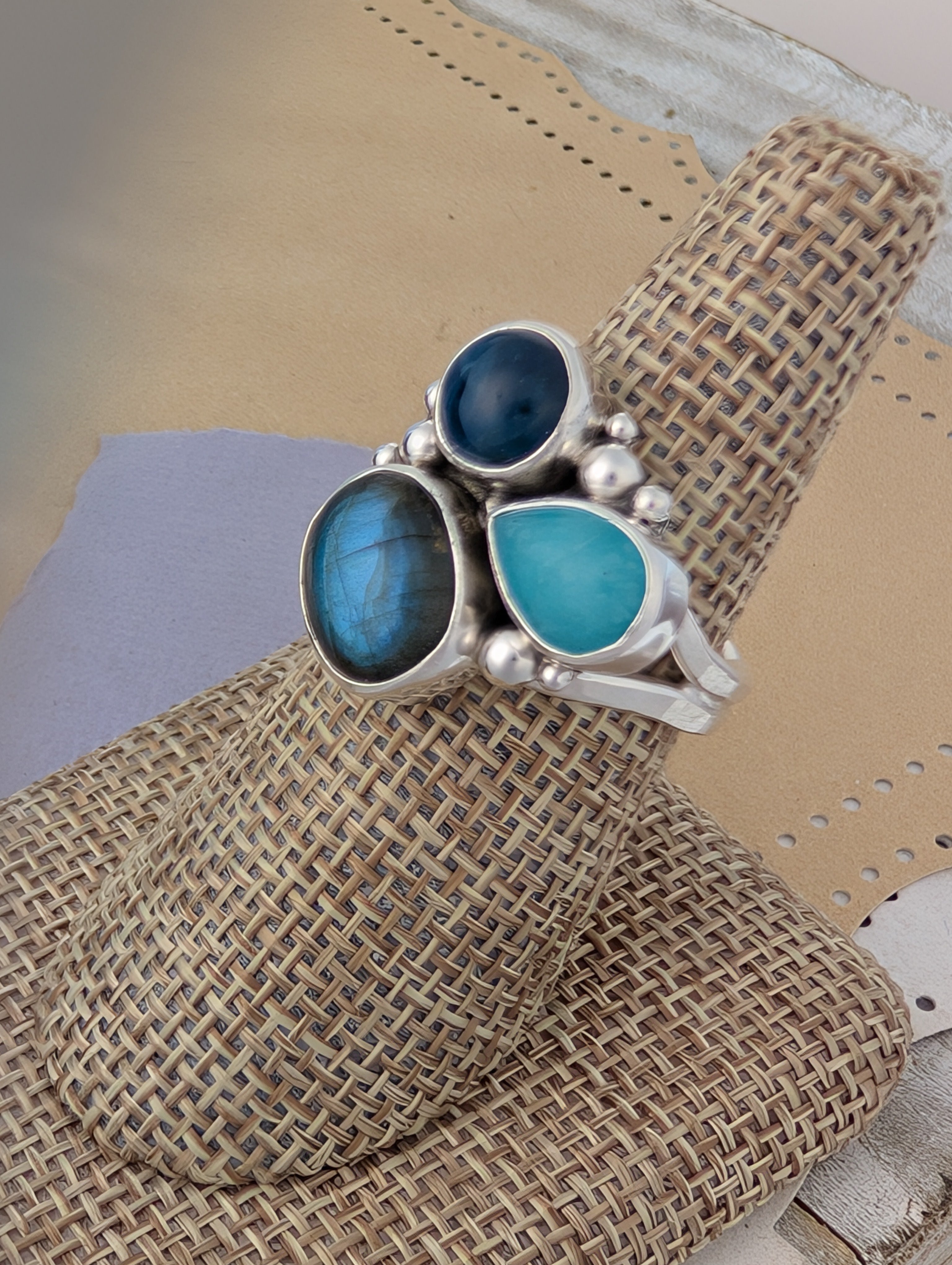 Size 8.5, Labradorite, Apatite and Amazonite Sterling Silver Ring