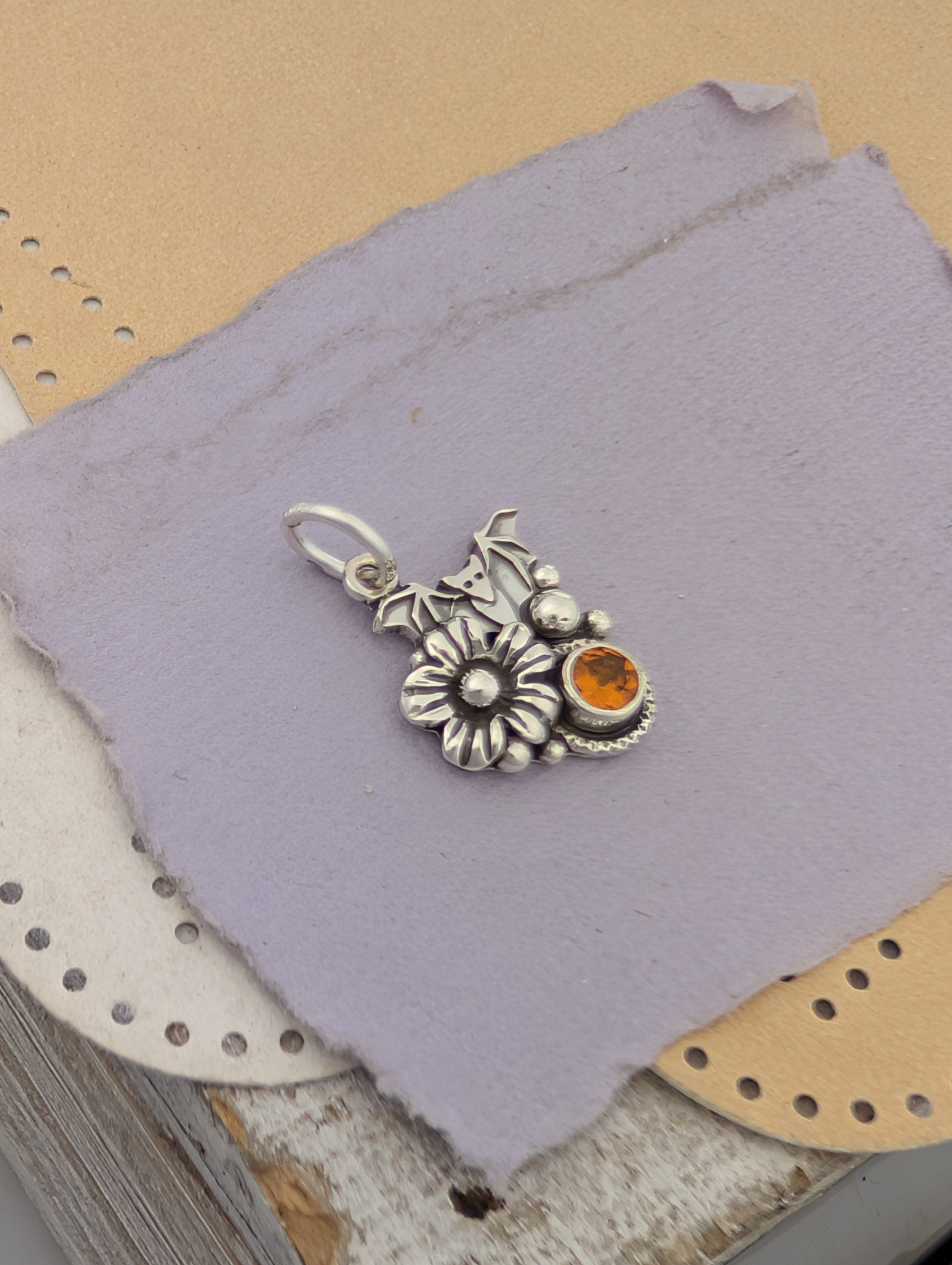 Hessonite Garnet Bat Sterling Silver Charm
