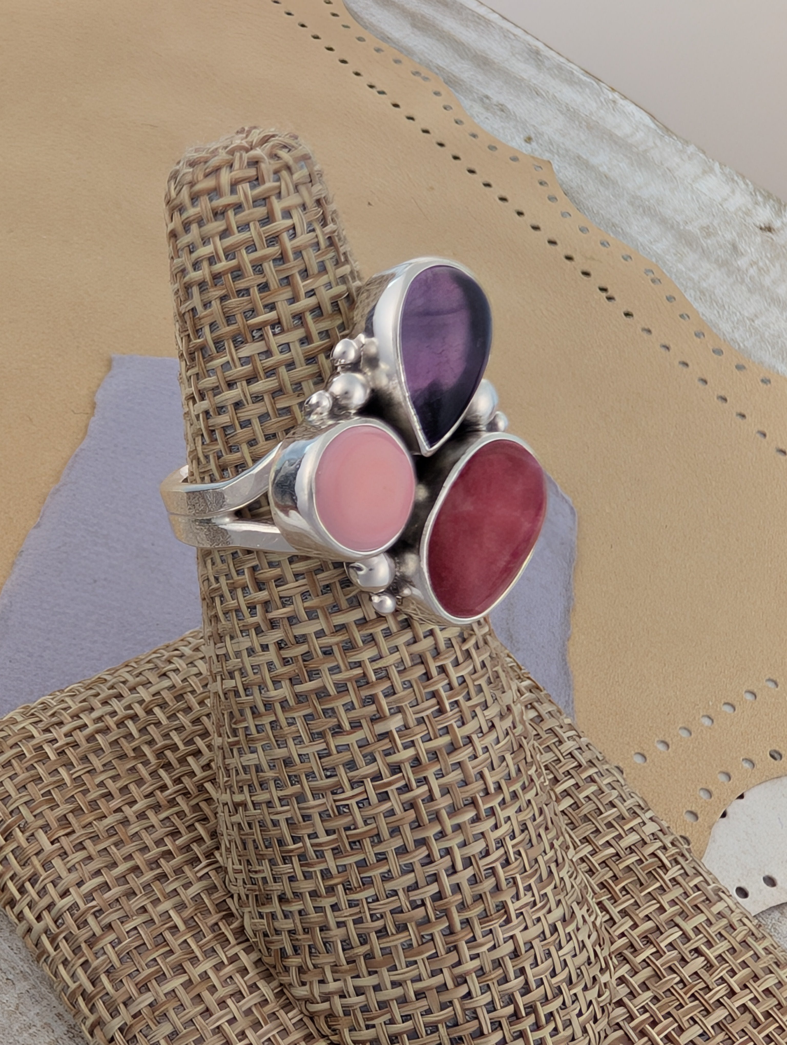 Size 8, Rhodonite, Conch Shell and Fluorite Sterling Silver Ring
