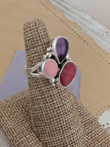 Size 8, Rhodonite, Conch Shell and Fluorite Sterling Silver Ring