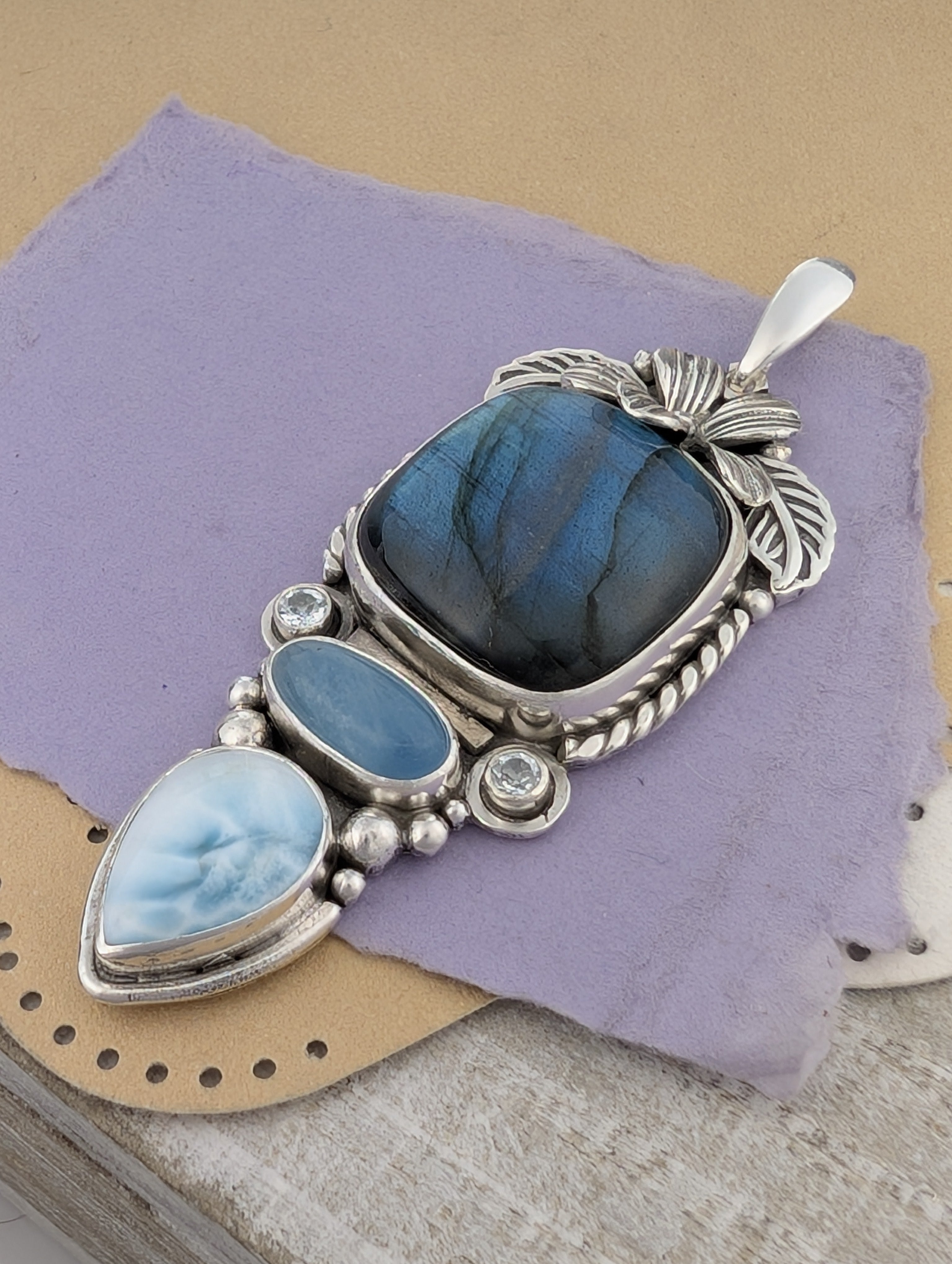 Labradorite, Aquamarine, Larimar and Sky Blue Topaz Sterling Silver Flower Pendant