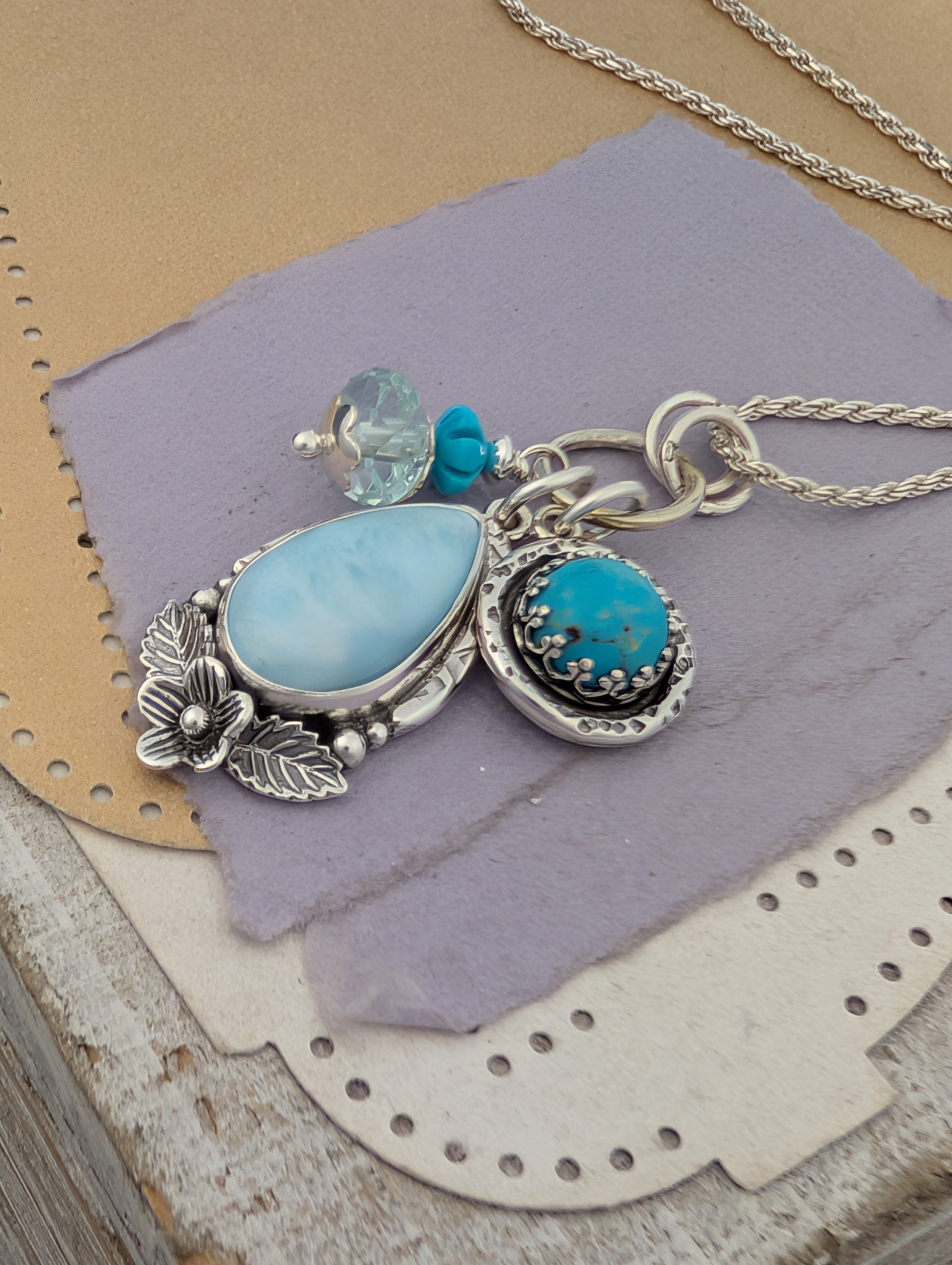 Larimar, Turquoise, and Quartz Charm Sterling Silver Necklace