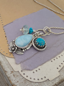 Larimar, Turquoise, and Quartz Charm Sterling Silver Necklace