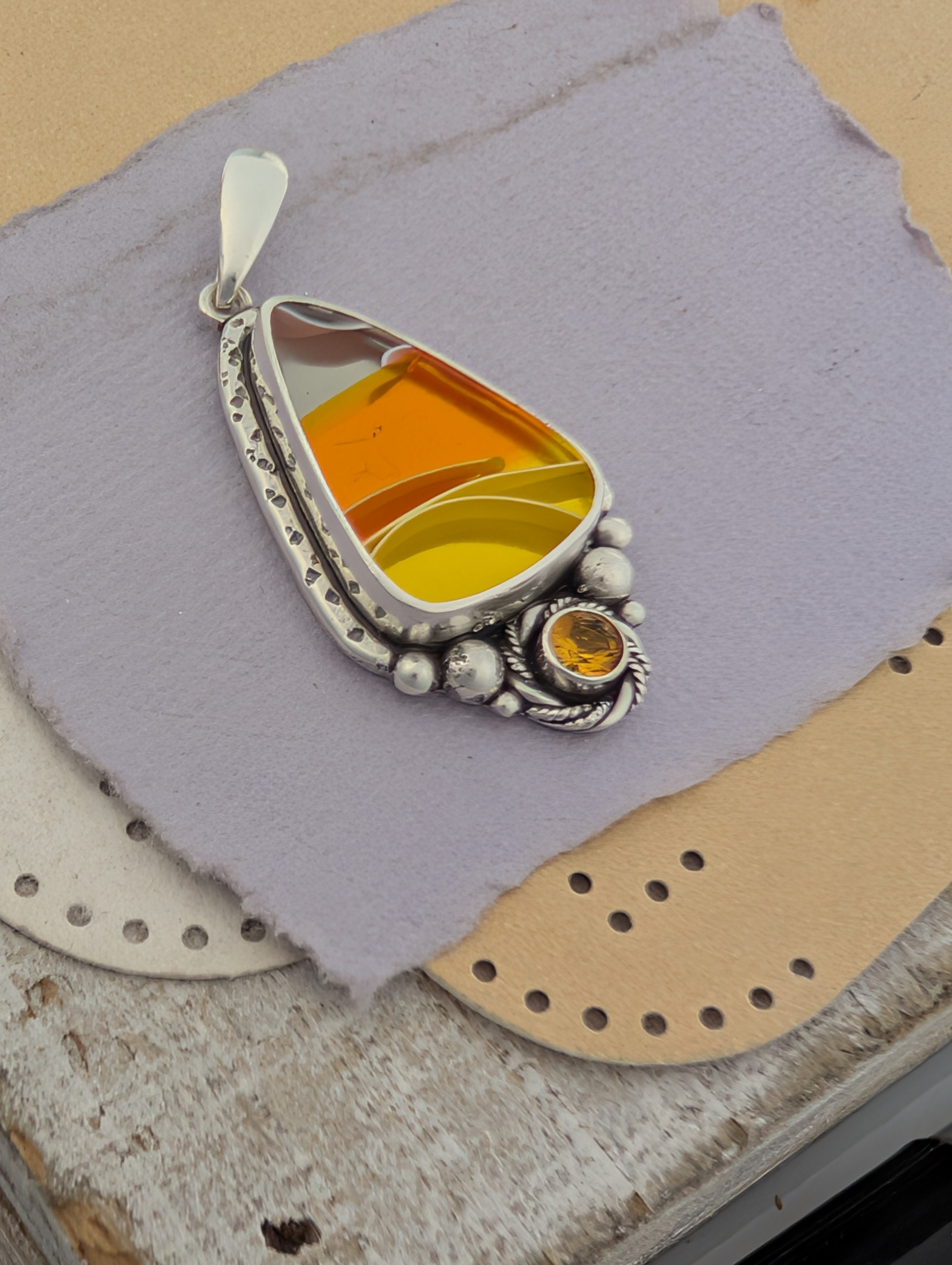 Acrylic Candy Corn and Citrine Sterling Silver Pendant
