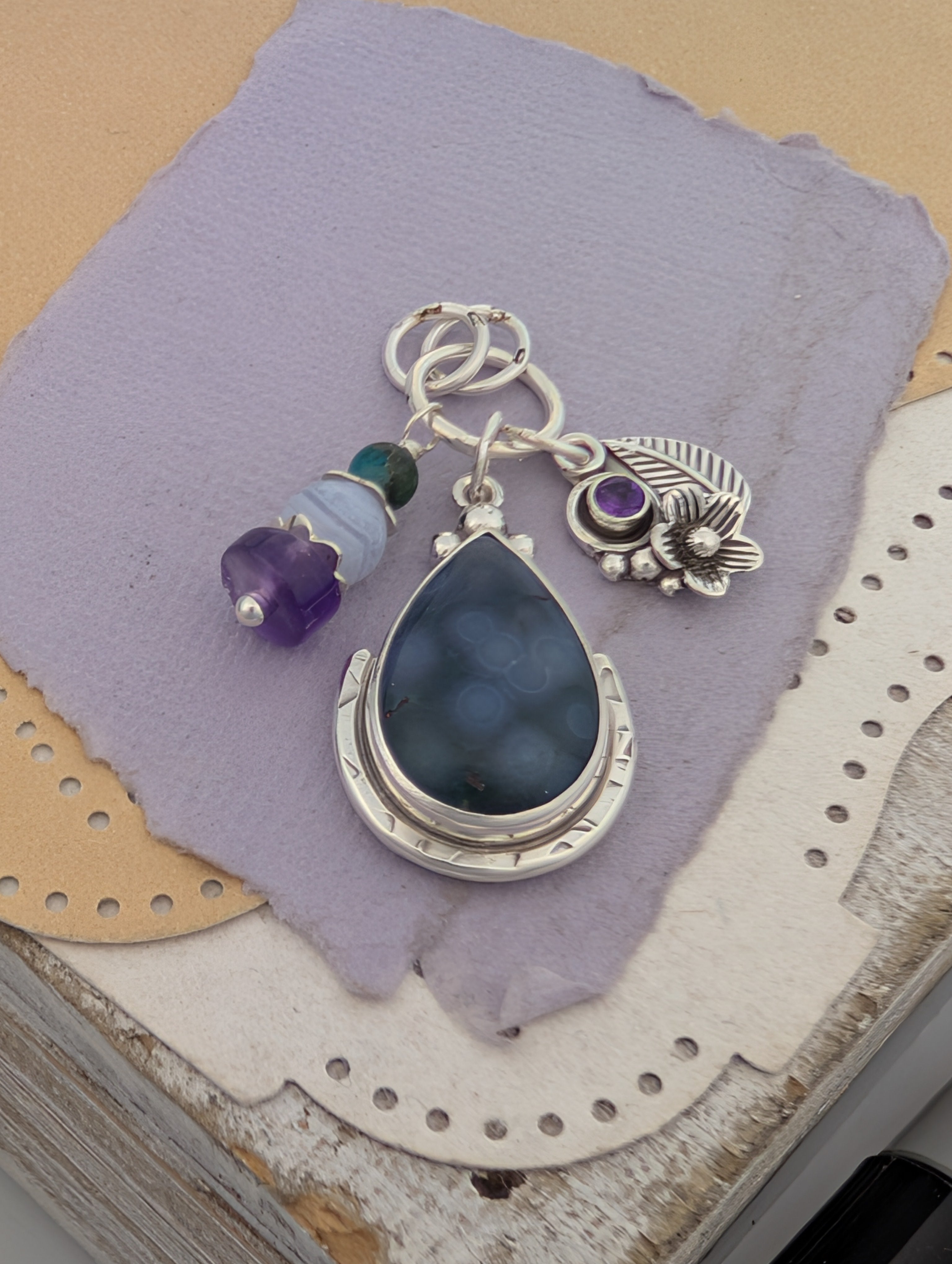 Grape Agate, Amethyst, Chrysocolla and Lace Agate Charm Sterling Silver Necklace