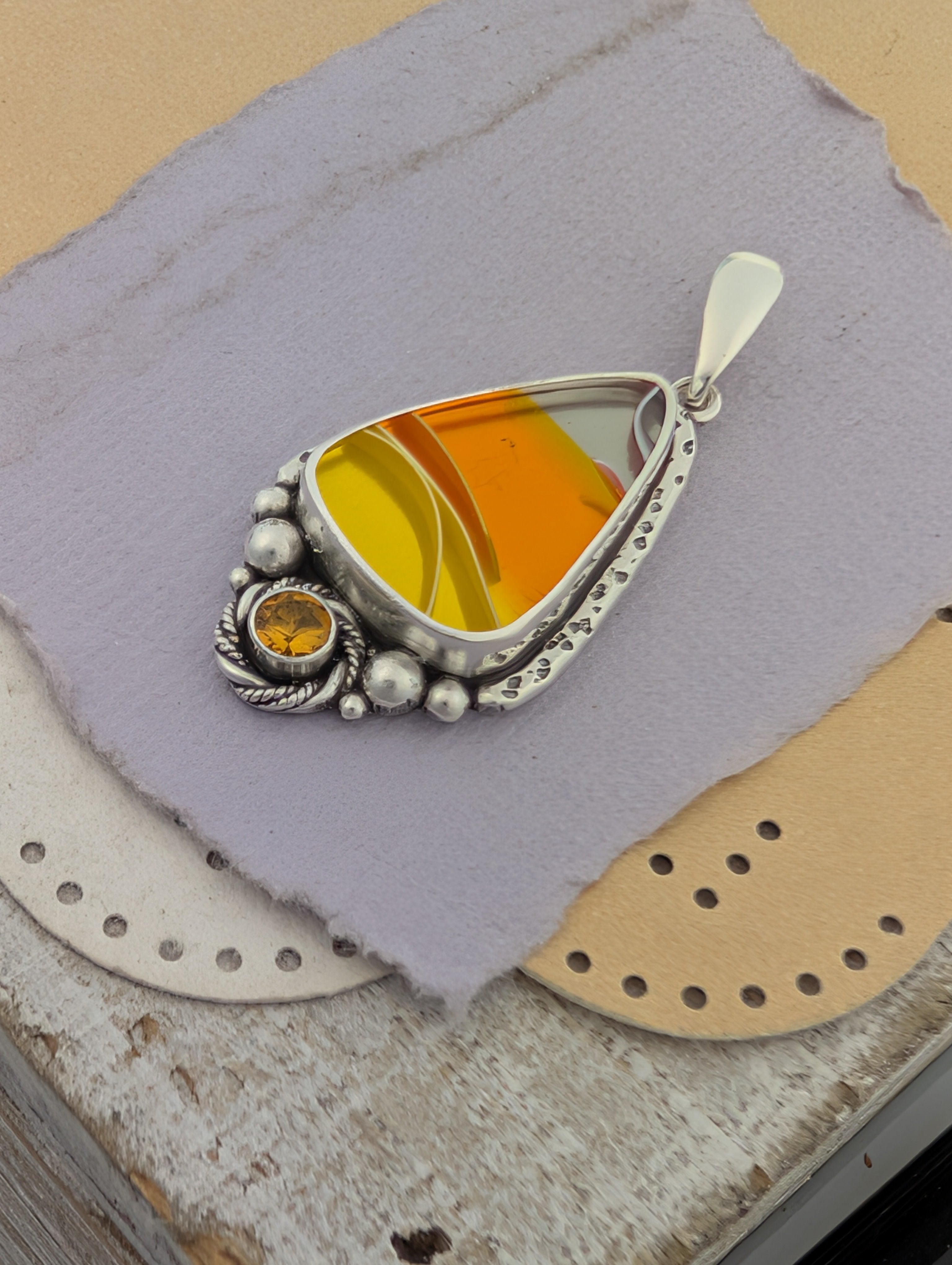Acrylic Candy Corn and Citrine Sterling Silver Pendant