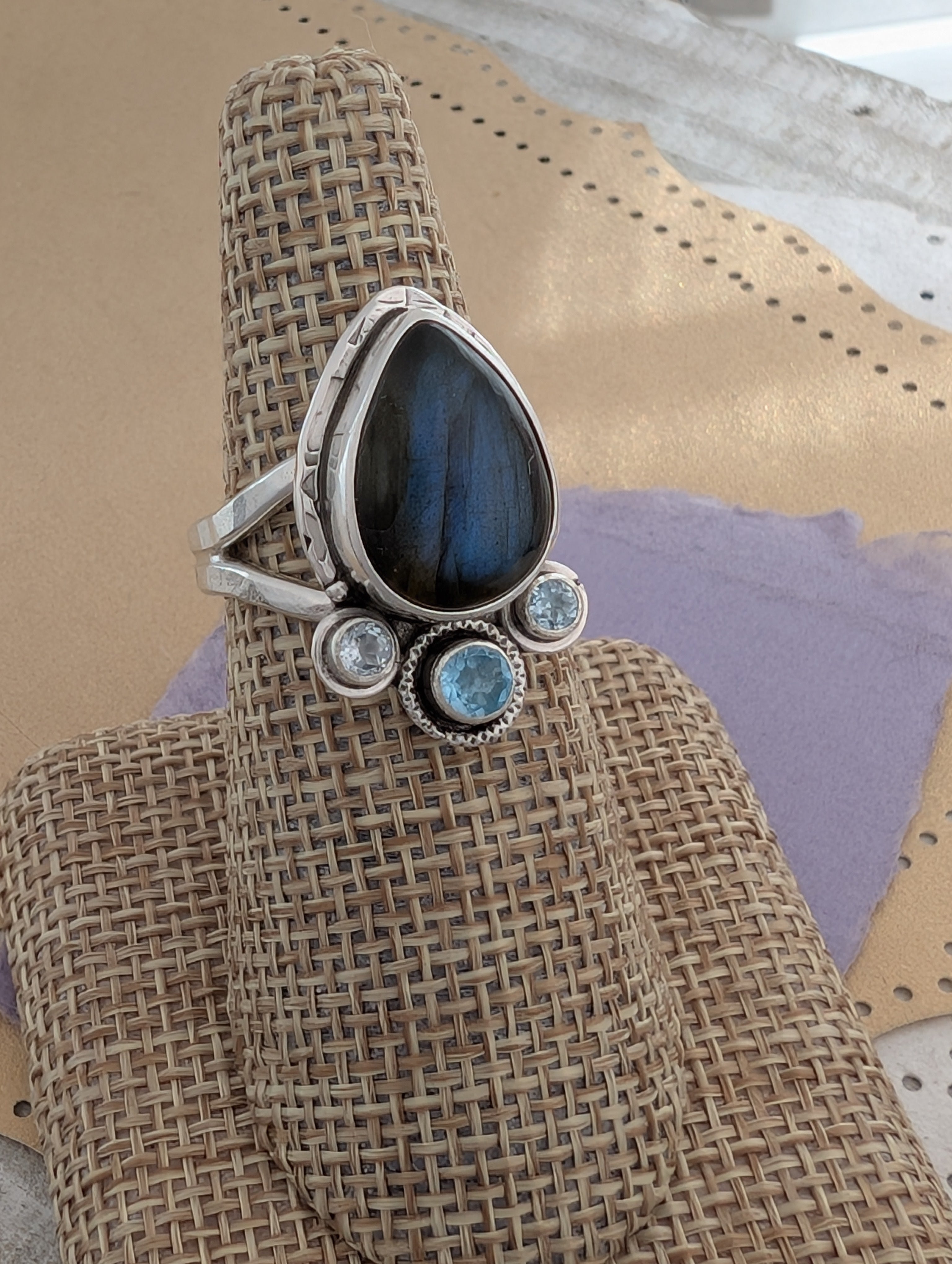 Size 8, Labradorite and Blue Topaz Sterling Silver Ring, #1