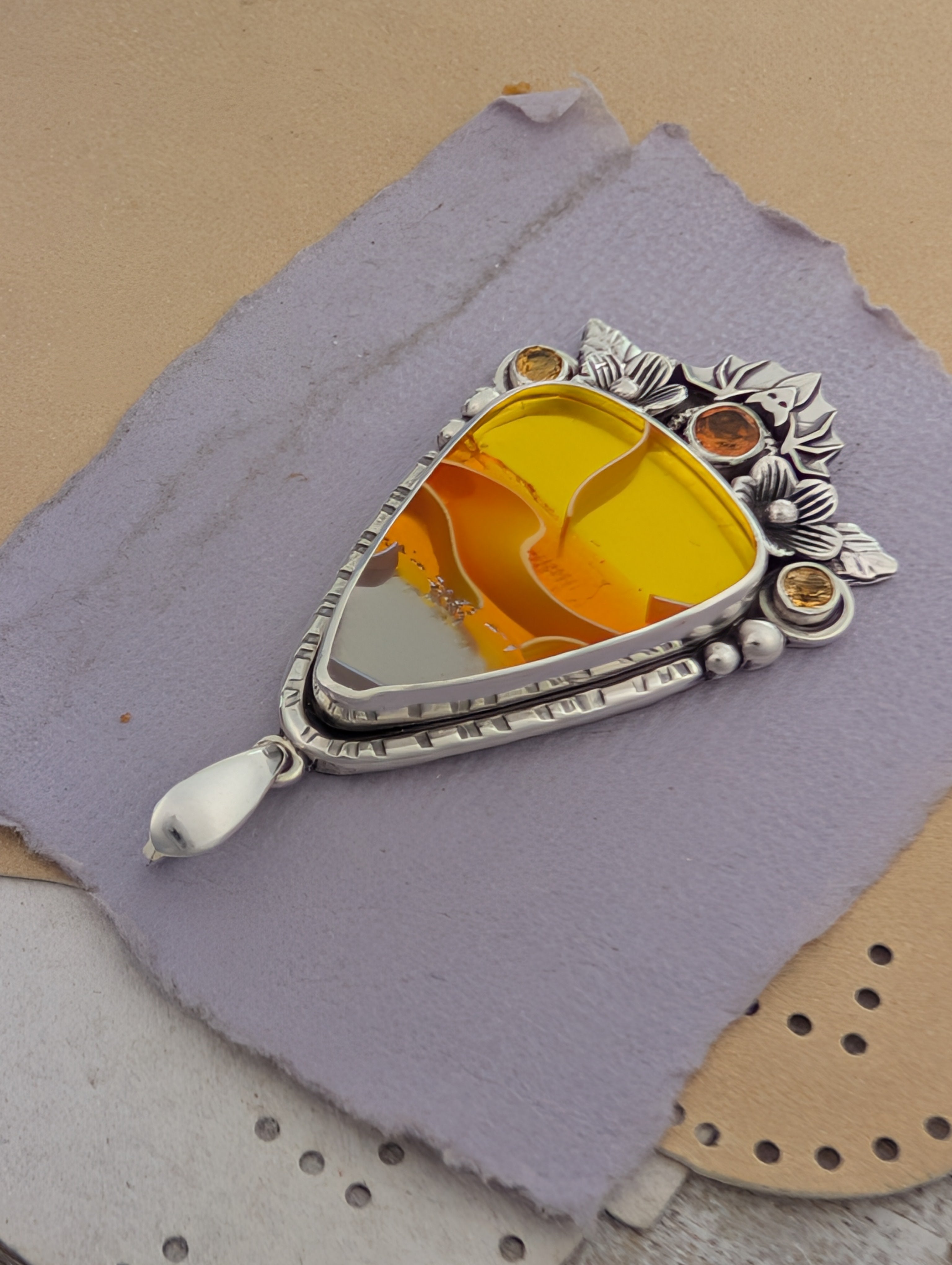 Acrylic Candy Corn, Hessonite Garnet and Citrine Sterling Silver Pendant