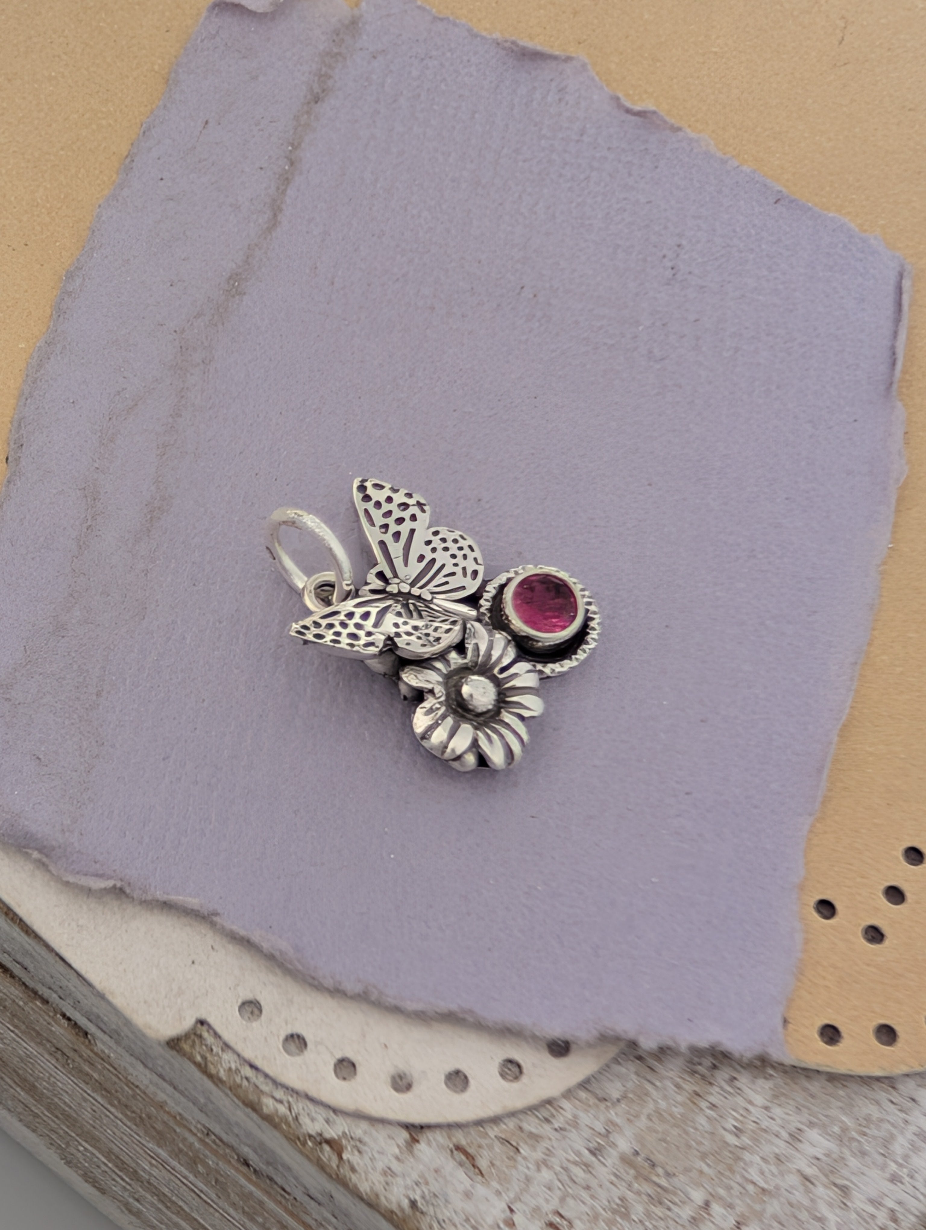 Pink Tourmaline Butterfly Sterling Silver Charm