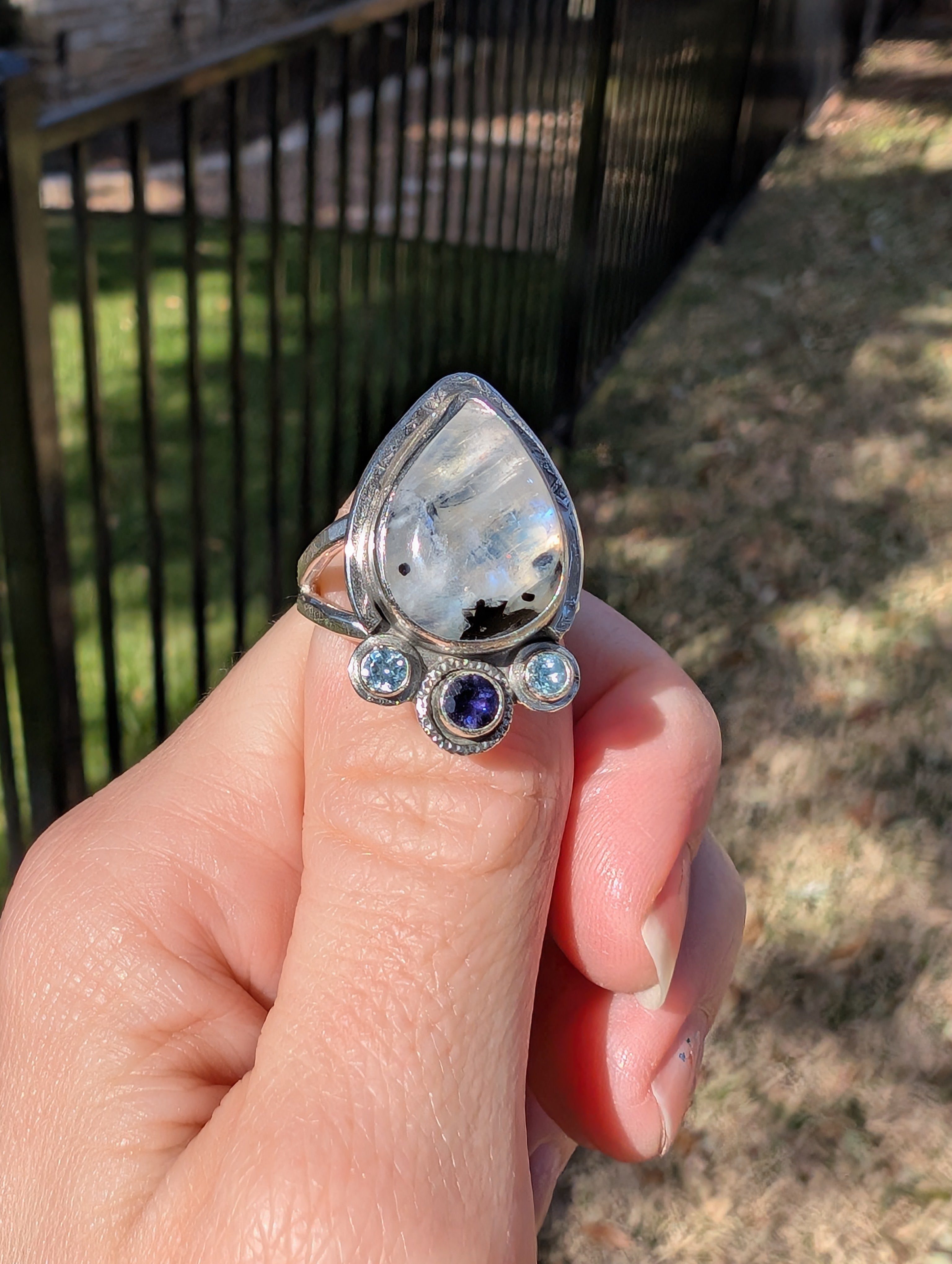 Size 8, Moonstone, Blue Topaz and Iolite Sterling Silver Ring