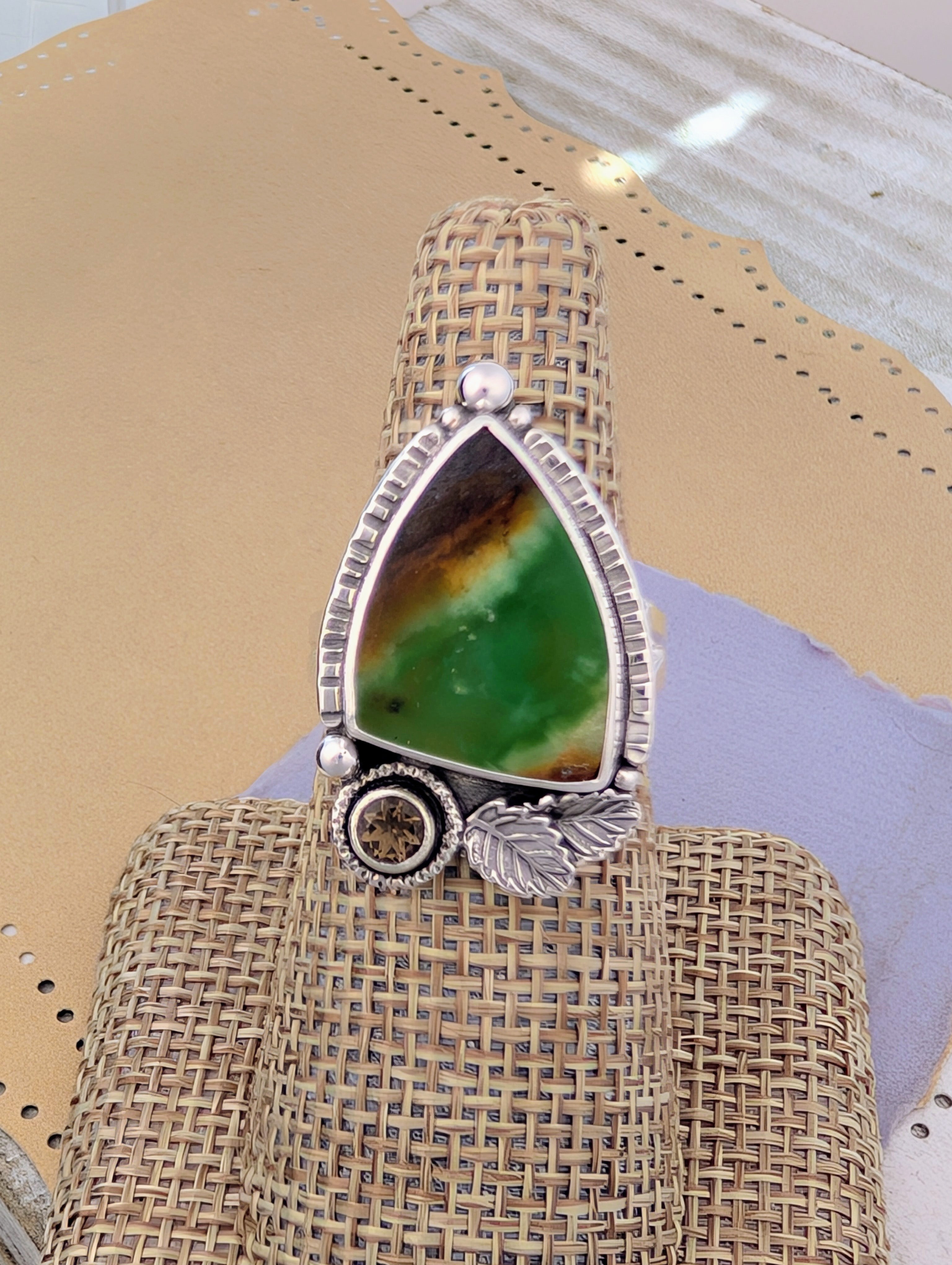 Size 7.5, Chrysoprase and Smokey Quartz Sterling Silver Ring