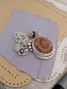 Petrified Coral, Smokey Quartz and Tourmaline Charm Sterling Silver Necklace