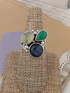Size 9, Labradorite, Chrysoprase and Prehnite Sterling Silver
