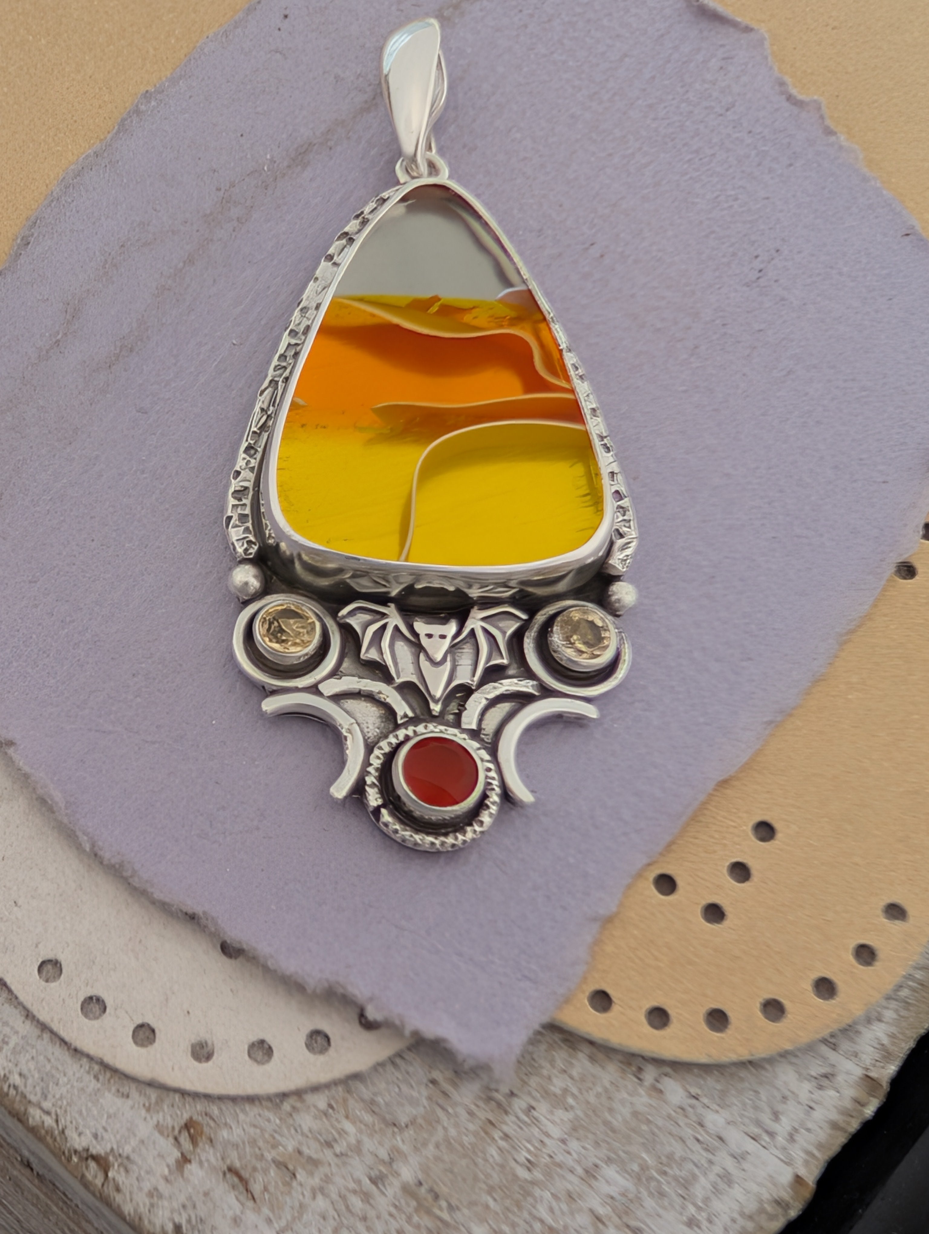 Acrylic Candy Corn, Carnelian and Citrine Sterling Silver Pendant