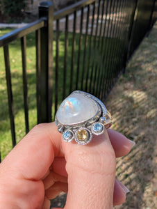 Size 8.5, Moonstone, Blue Topaz and Citrine Sterling Silver Ring