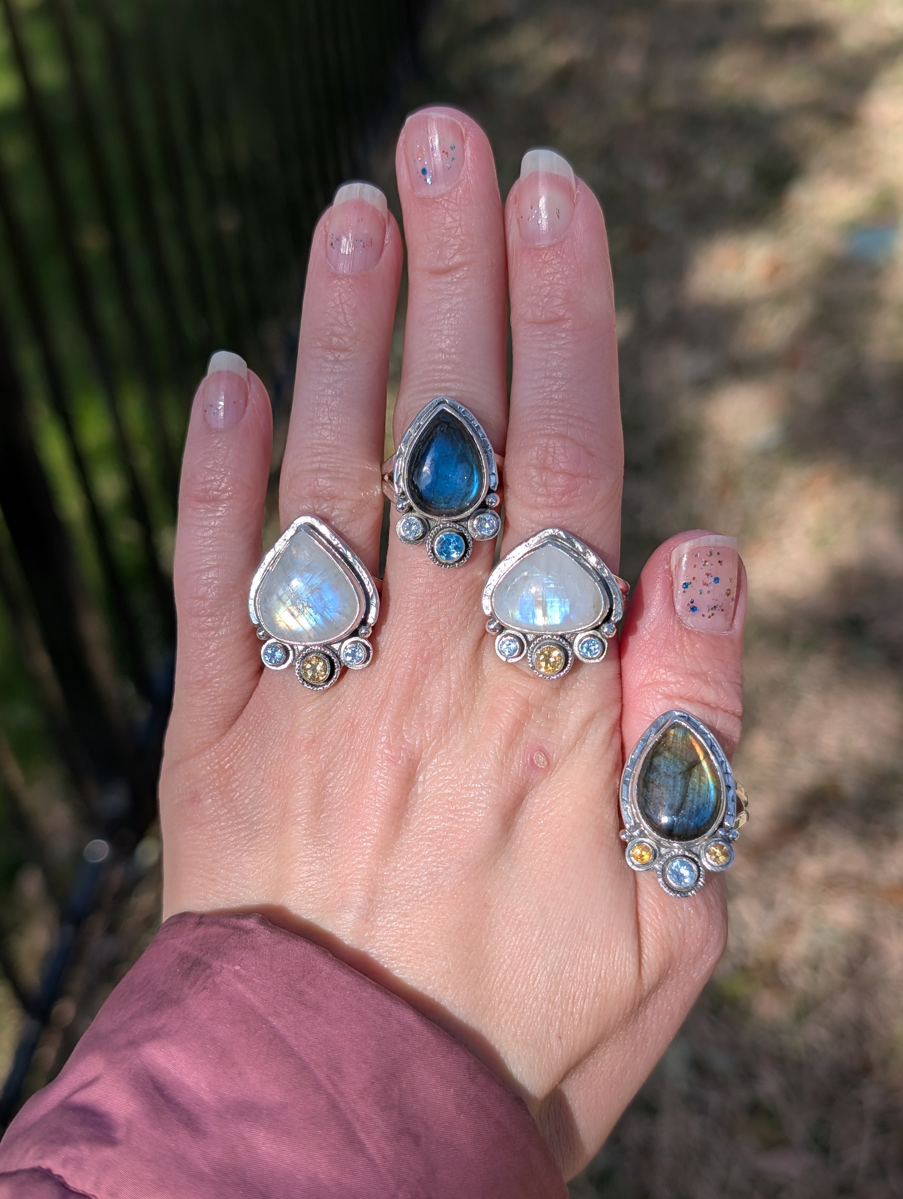 Size 8.5, Moonstone, Blue Topaz and Citrine Sterling Silver Ring