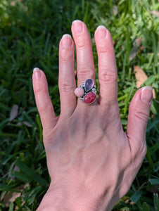 Size 8, Rhodonite, Conch Shell and Fluorite Sterling Silver Ring