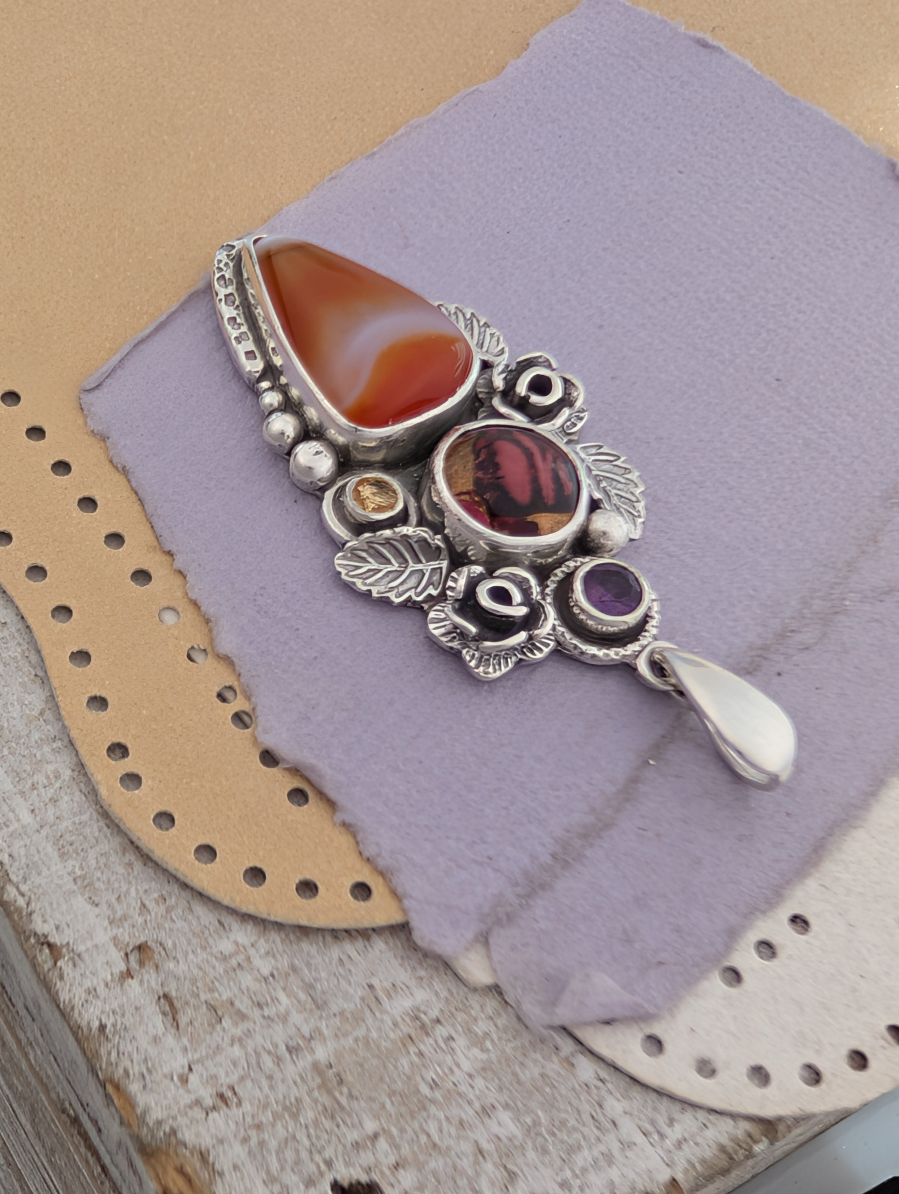 Banded Carnelian, Red Kingman, Citrine and Amethyst Sterling Silver Pendant