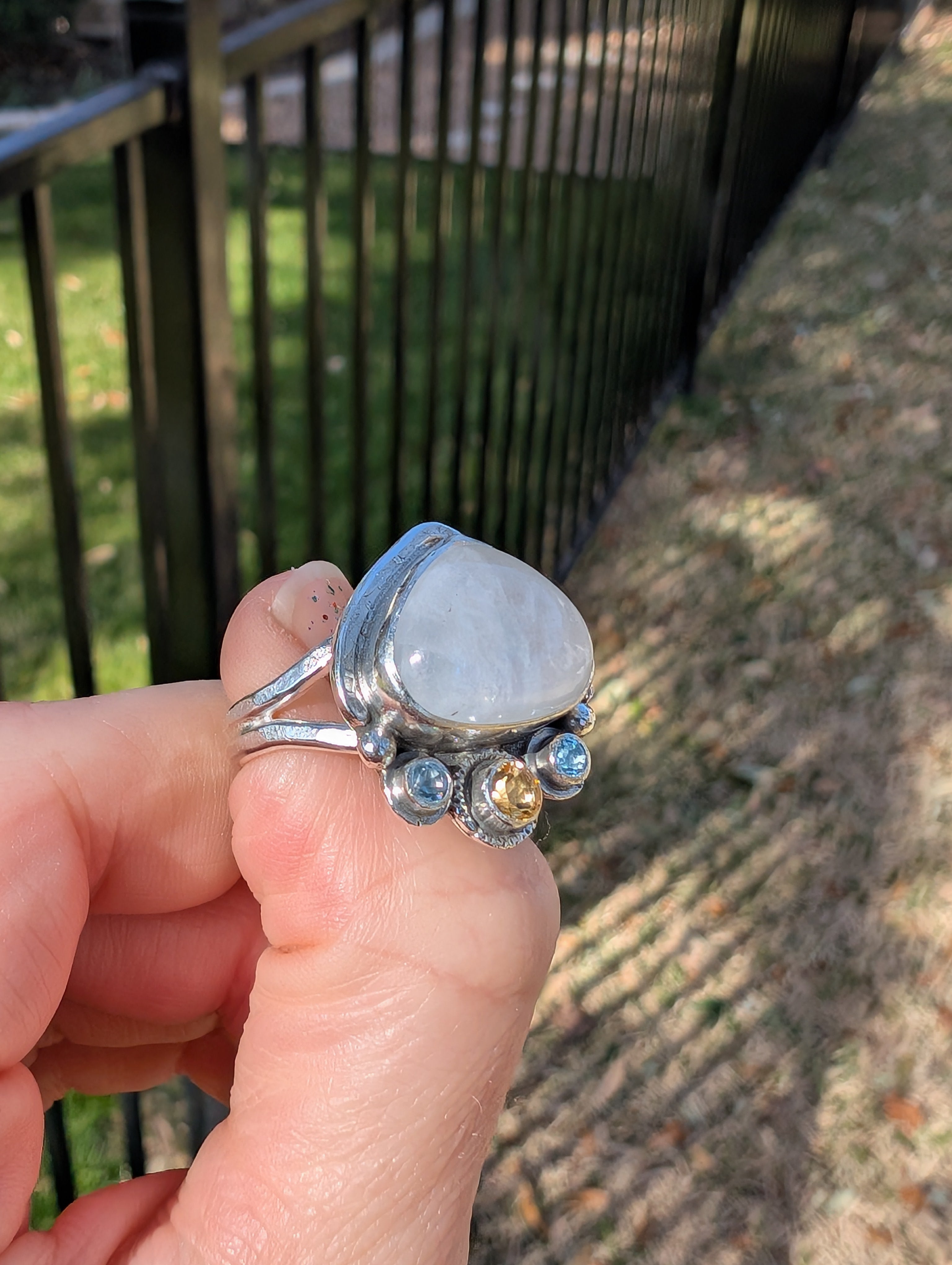 Size 8.5, Moonstone, Blue Topaz and Citrine Sterling Silver Ring