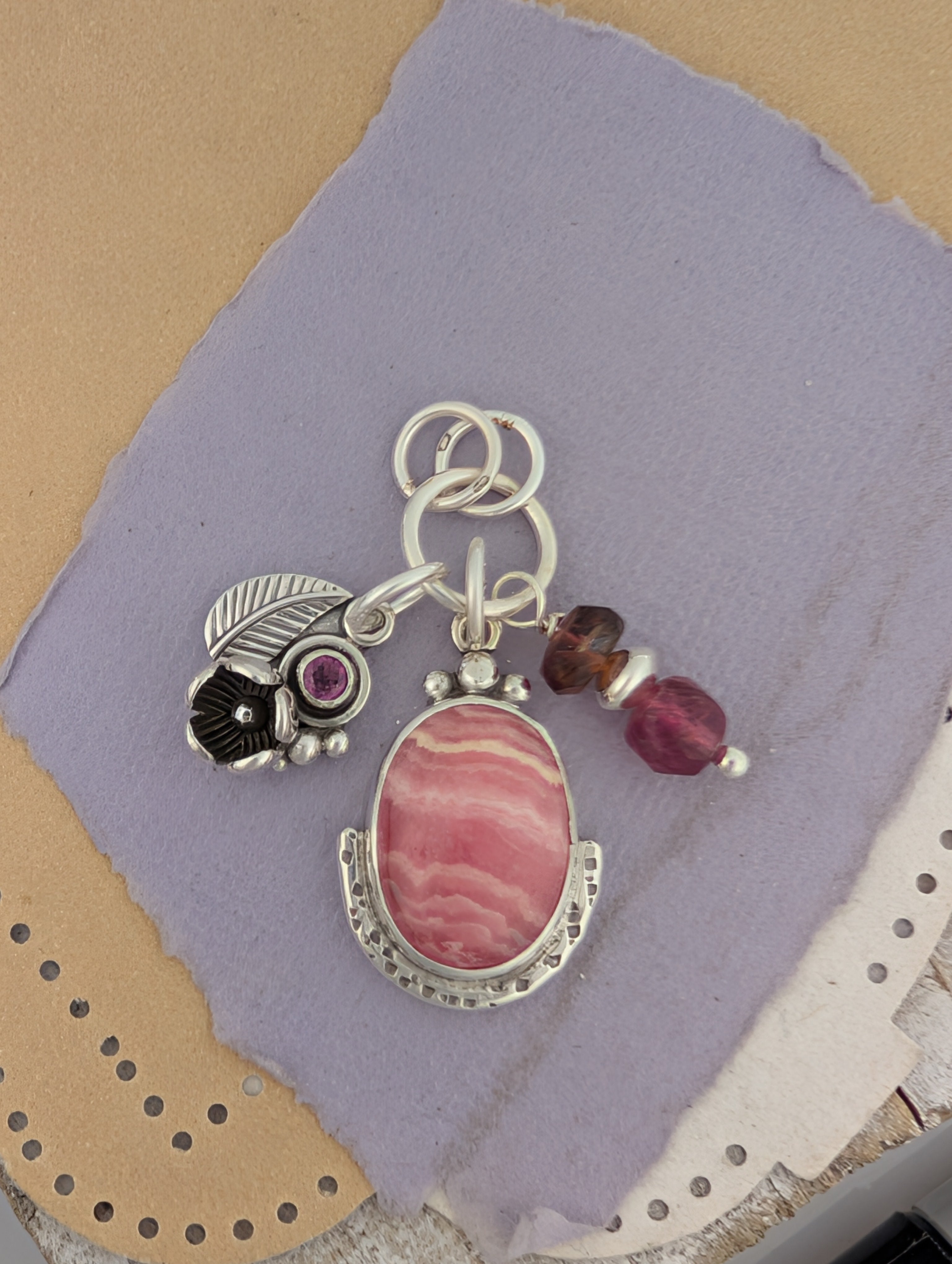 Rhodochrosite, Rhodolite Garnet and Tourmaline Charm Sterling Silver Necklace