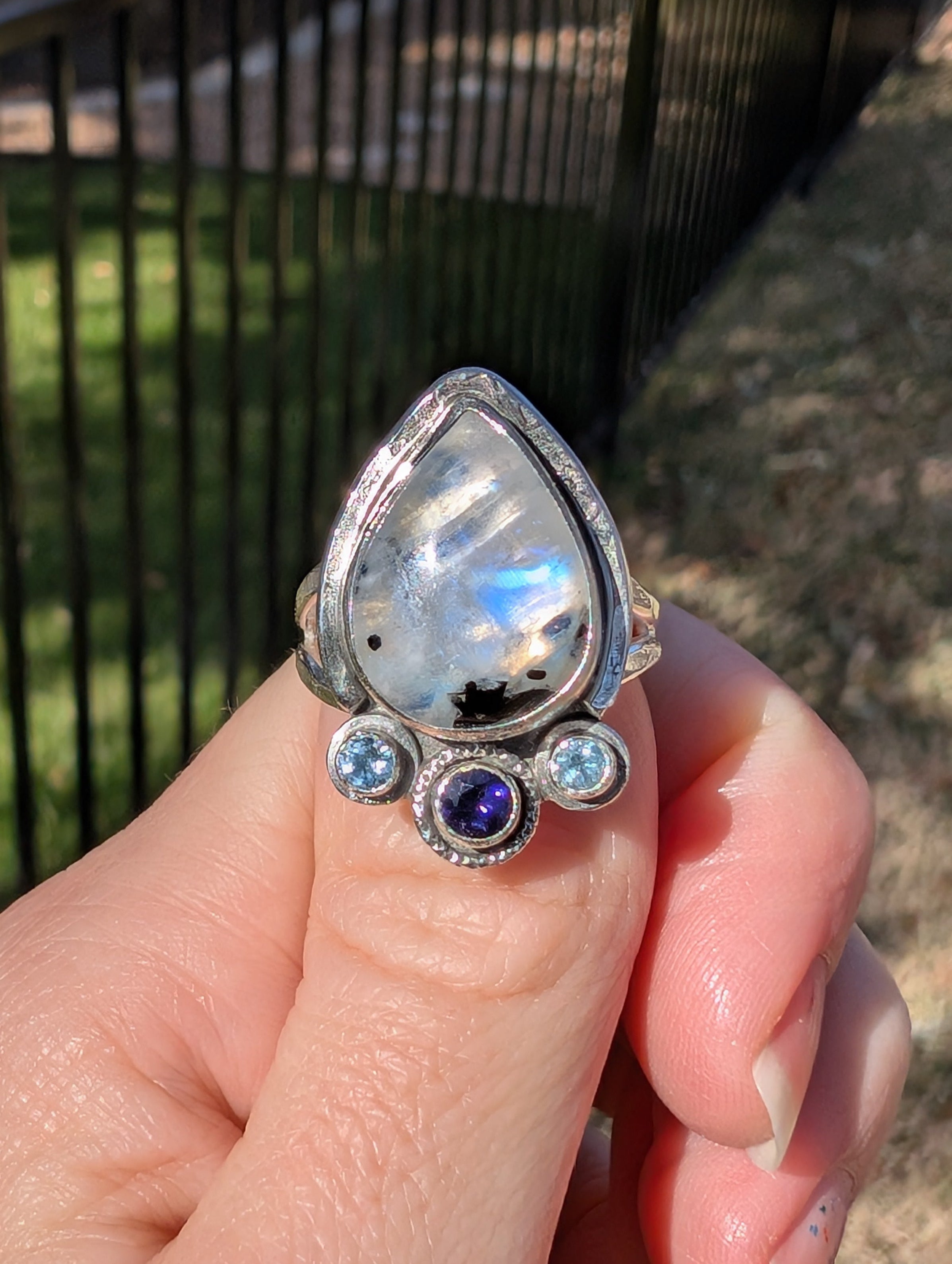 Size 8, Moonstone, Blue Topaz and Iolite Sterling Silver Ring